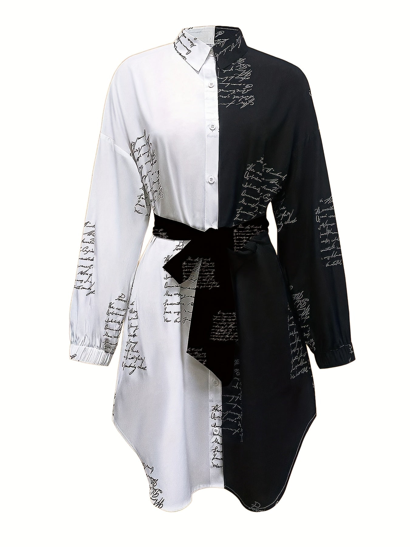 Women'S Black And White Contrast Color Shirt Dress With Waist Tie Design, Fashionable Printed Long-sleeved Shirt Dress, Very Suitable For Daily Wear