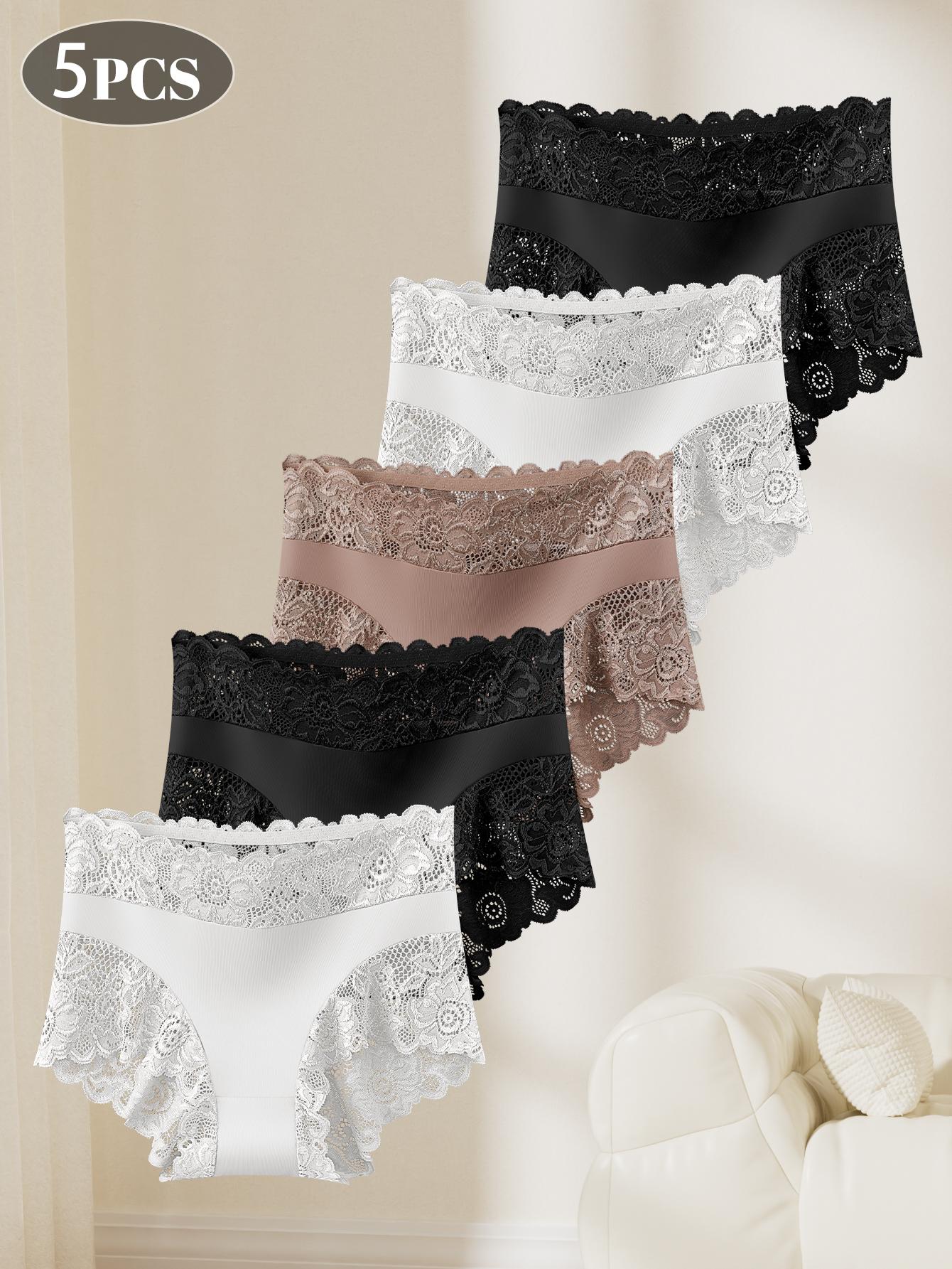 5 Pack Women'S Elegant Lace Trim Mid-Rise Panties - Soft Stretchy Breathable Underwear with Ruffled Edges, Comfortable Feminine Briefs for Daily & Special Occasions, Sizes S-XXL (Multi-Size Pack) - Ideal for Parties, Dates