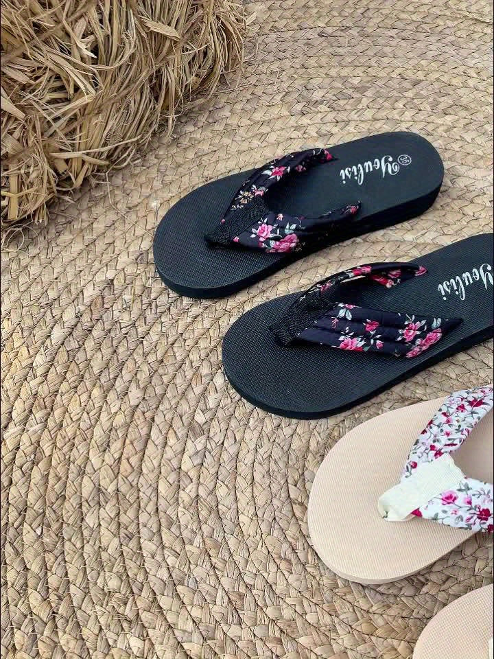 Comfortable Man-made Flip-flops In Summer, Women's Flower-patterned Man-made Flip-flops, Fashionable Thick-bottomed Leisure Slide, Slide-on Design, Low Heel, Summer, All-season Comfortable Sandals, Women Shoes