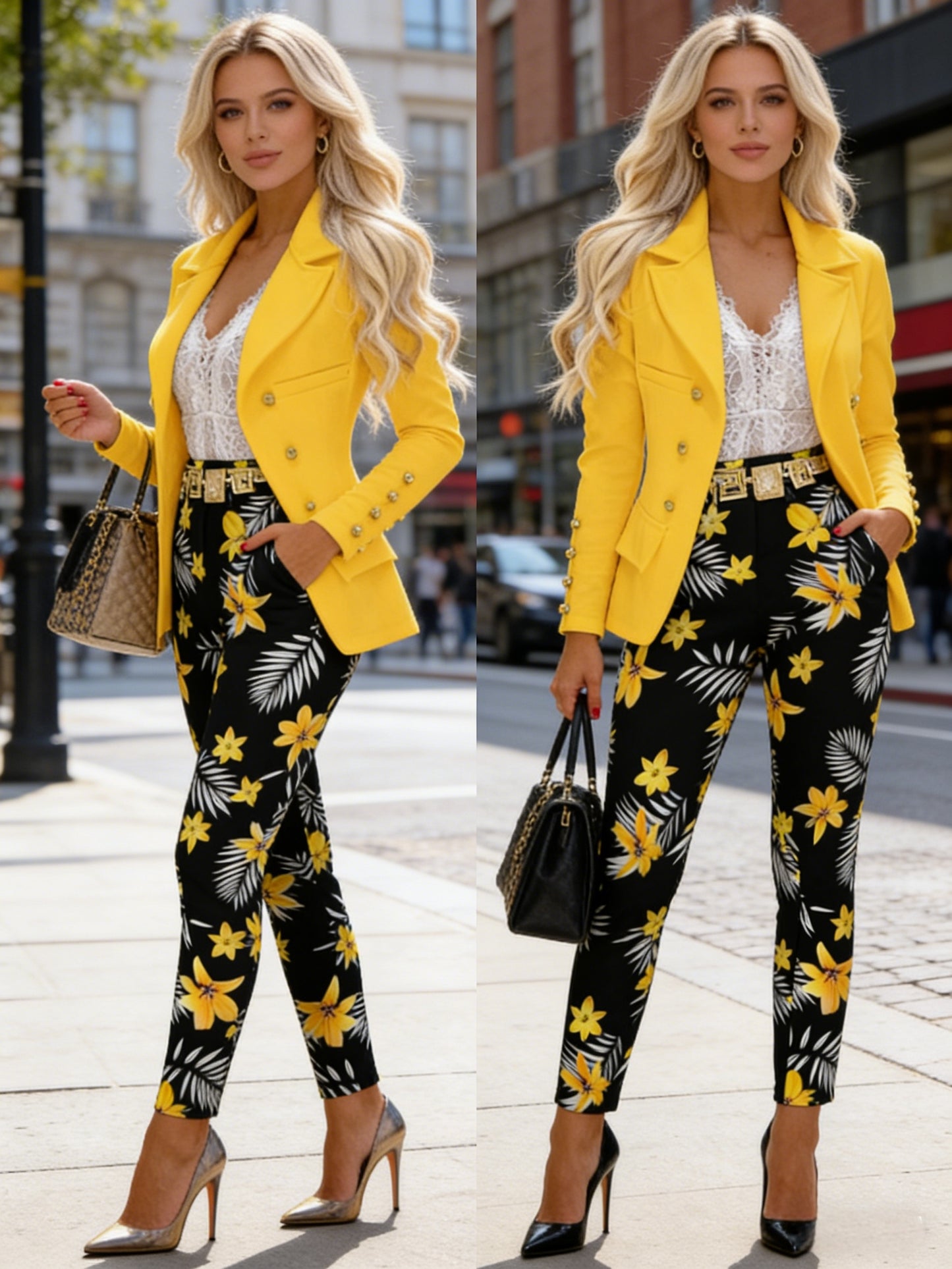 Women'S Fashion Suit Two-Piece Set: Bright Yellow Double-Breasted Blazer with Black Floral Print Pants - Stylish Work Outdoor Commute Apparel And Elegant Office Attire