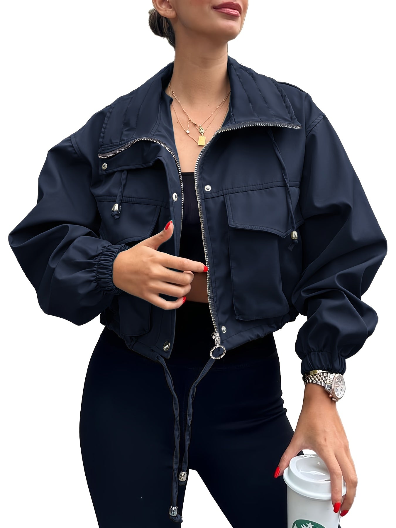 Women'S Cropped Jacket Zip Up Lightweight Oversized Utility Anorak Coat with Pockets