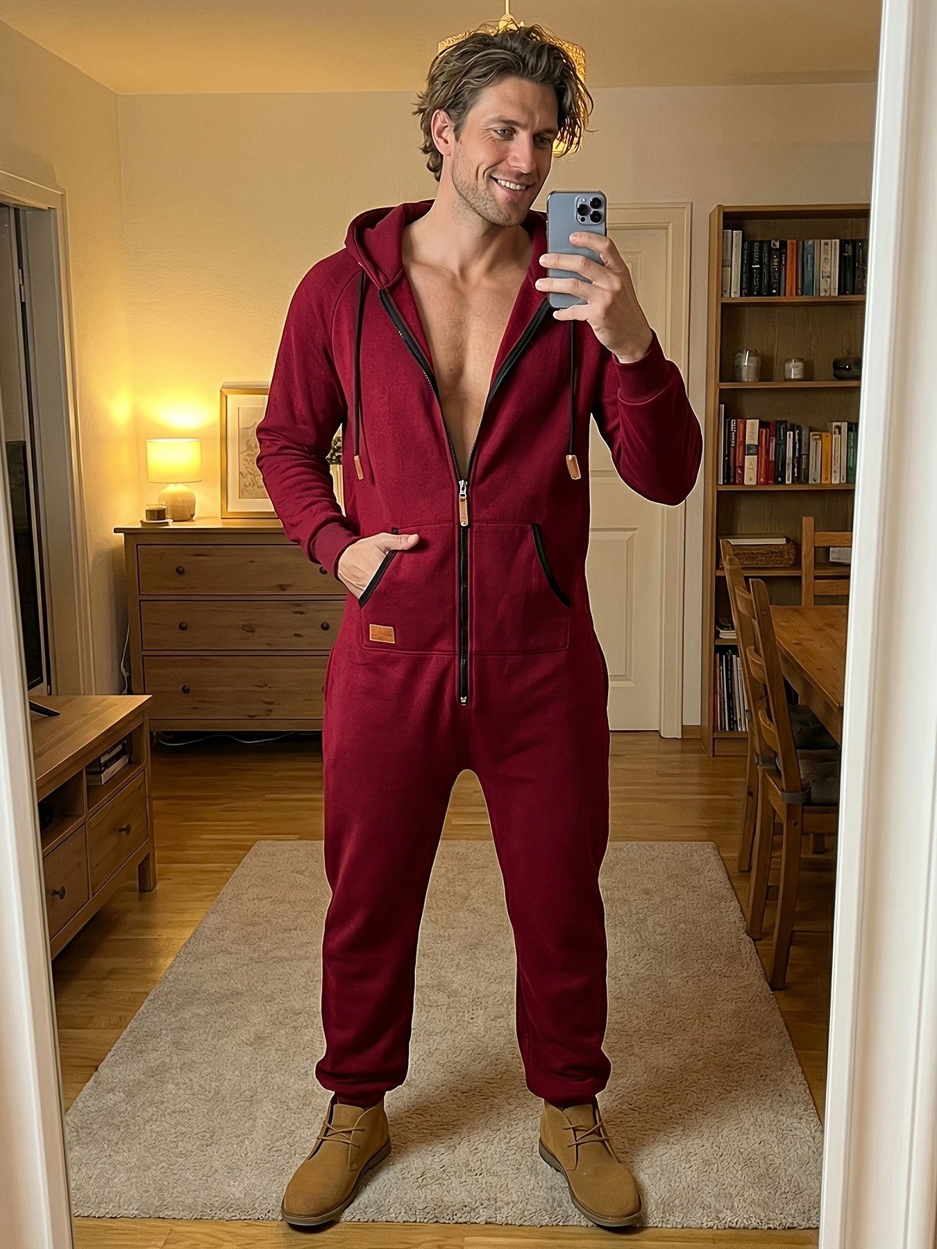 Lkwxsai Men'S Hooded Fleece Lining Jumpsuit, Long Sleeve Full Zipper Overalls with Kangaroo Pockets