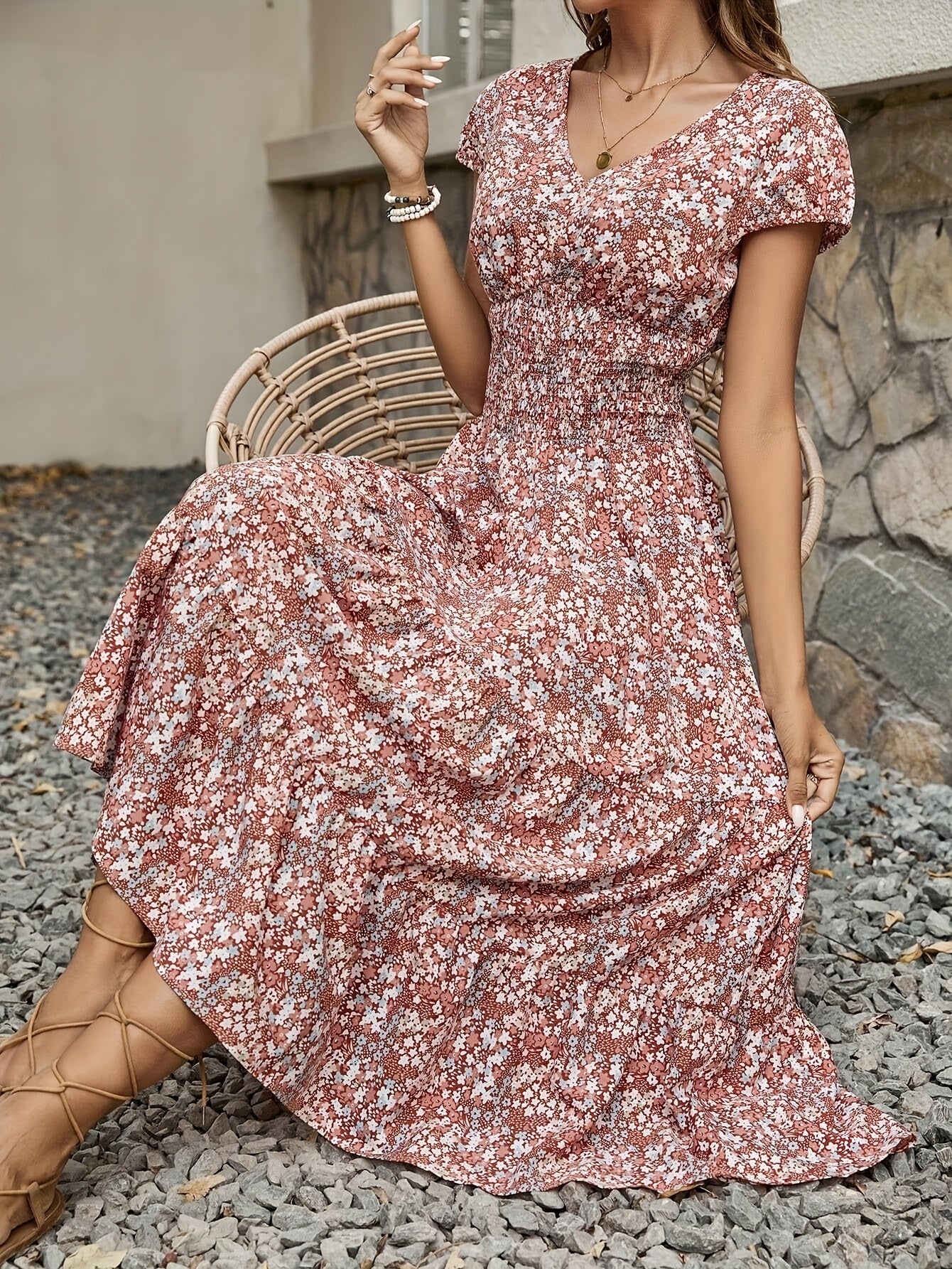 Floral V-Neck Dress for Women - Blossom Chic, Soft & Breathable Polyester, Machine Washable, Easy Care, Perfect for Spring, Summer, and Fall Occasions, Casual Attire, and Outdoor