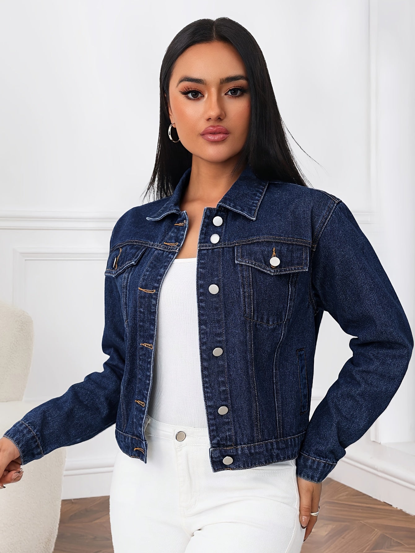 Women'S Casual Blue Denim Jacket with Lapel Collar & Multiple Pockets - Long Sleeve, Button-Up Front, Regular Fit Spring/Fall Outerwear, Spring Outerwear, Classic Buttonup Jacket, Nonstretch Fabric