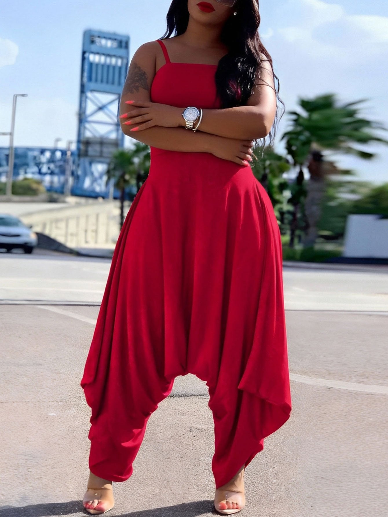 Women's Red Spaghetti Strap Jumpsuit - Square Neck & High Waist & Draped Harem Leg & Flowy Silhouette Detail | Bold Glamorous Fit for Date Nights & Summer Evening Events (Slim Bodice & Dramatic Draped Design) for Effortlessly Stunning Stylish Looks
