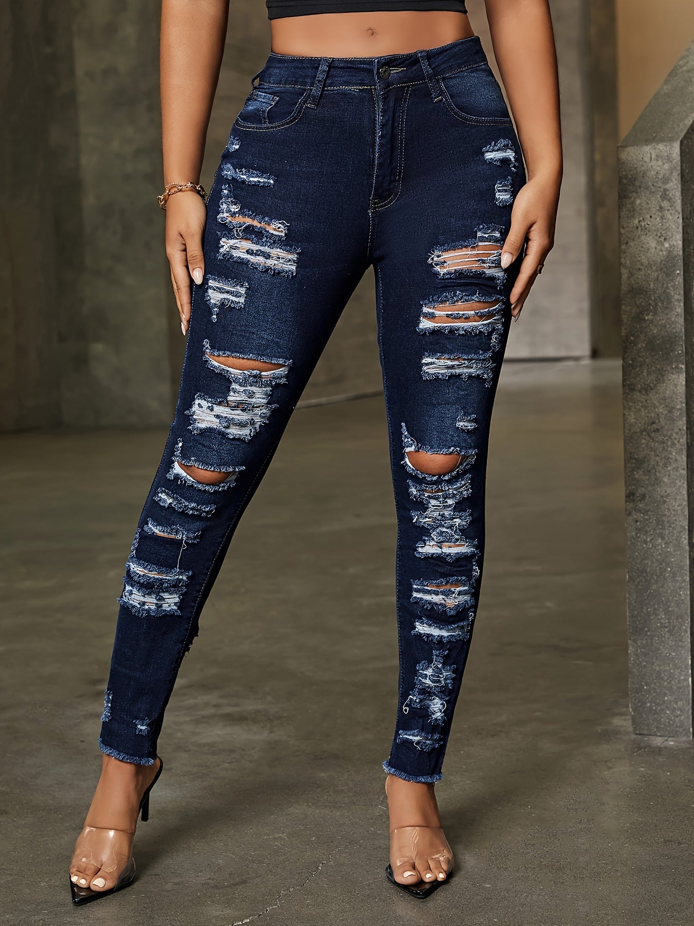 Women's High-Stretch Skinny Jeans with Mid-Rise Waist & Distressed Geometric Torn Details - Semi-Sheer Denim, Machine Washable, All-Season Casual Wear, Low Waisted Jeans, Everyday Fashion, Semisheer Material