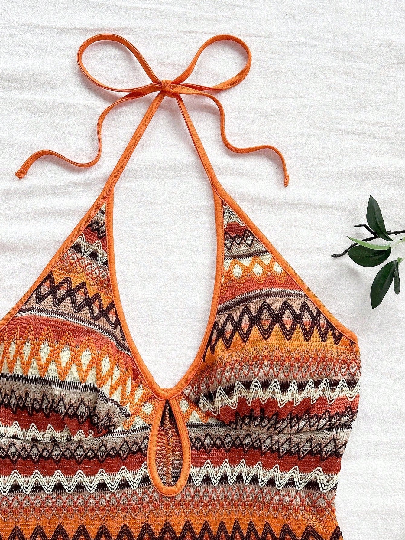 Women's Exotic Cool Orange Ethnic Geometric Print Halter Romper | Full Retro Print with Slim Fit, Eye-catching for Island Vacations and Music Festivals