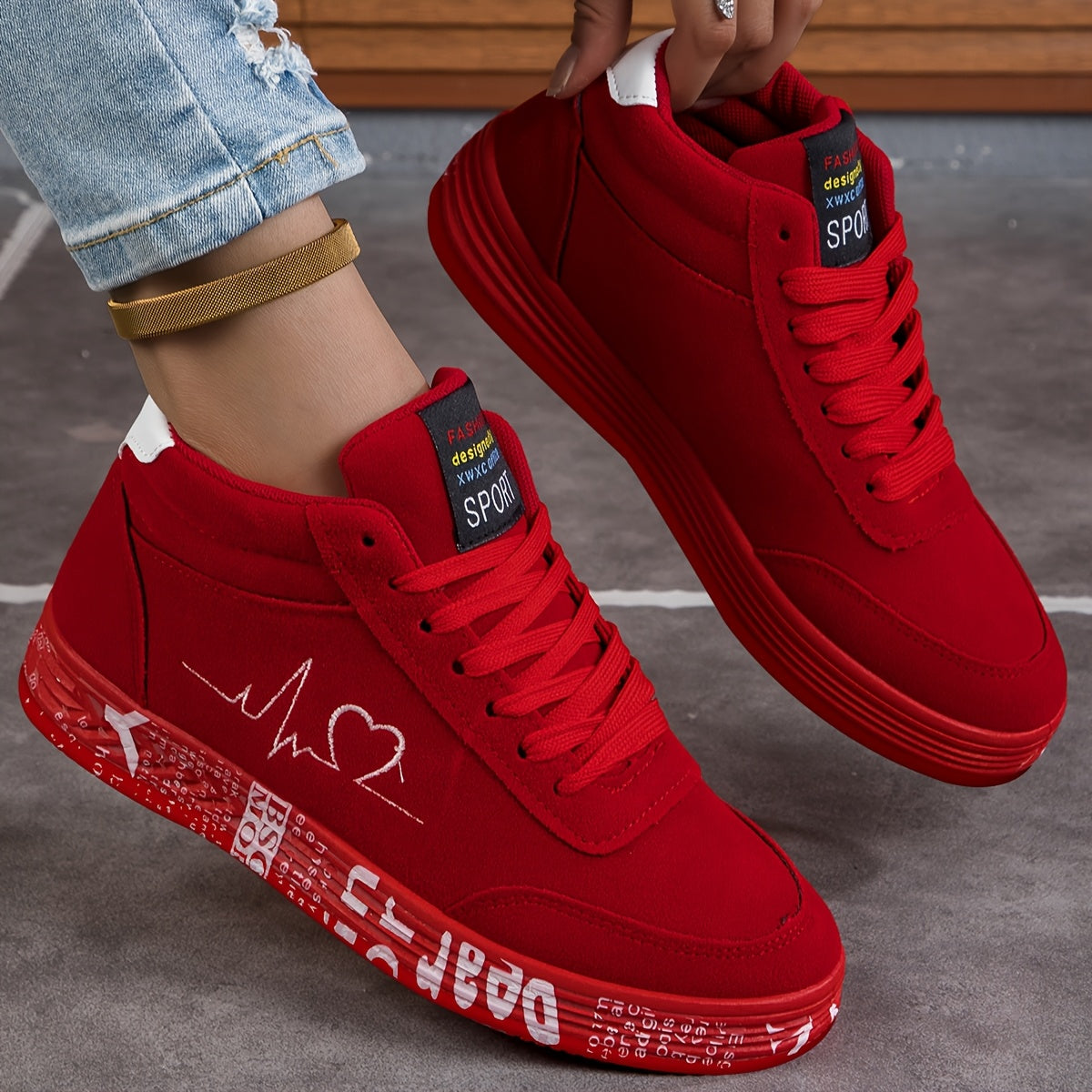 Women's & Men's (Large Sizes) Red Heart Sneakers - Summer Breathable Mid-Top Skate Shoes with Round Toe, - Casual Wear, Valentine's/Birthday Gift - Comfortable Fabric Upper & Sole - Unisex for - Use, Women Shoes