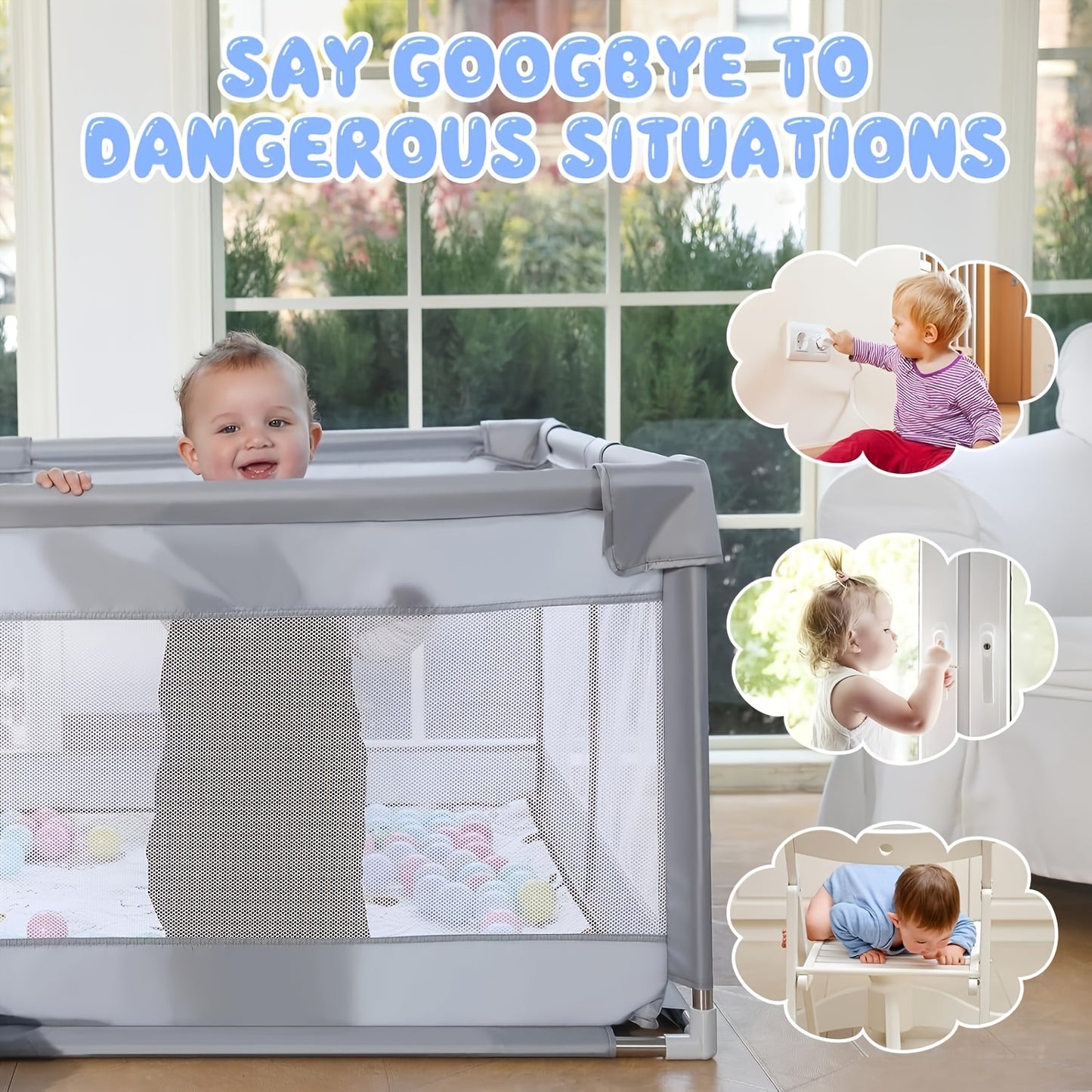 71.3*71.3 Inch Baby Playpen | Play Pens for Babies And Toddlers, Metal And Fabric Baby Fence Baby Play Yards for Indoor & Outdoor, Breathable Mesh, Anti-Fall, Grey, Mobile.available As A Halloween And Christmas Gift!