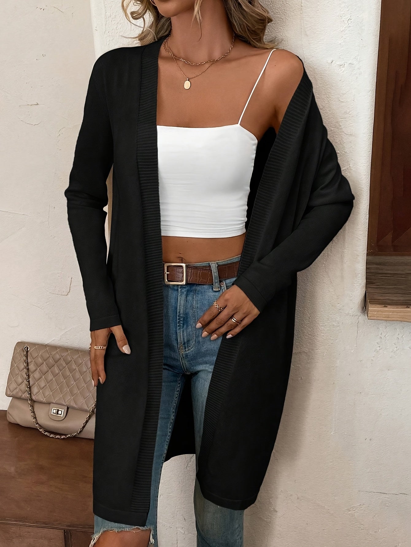 Women's Elegant Long Front-opening Coat - Formal & Everyday Chic Outerwear, Easy-Care Long Sleeve Cardigan for Autumn/Winter, Office, Party, Casual Outfits
