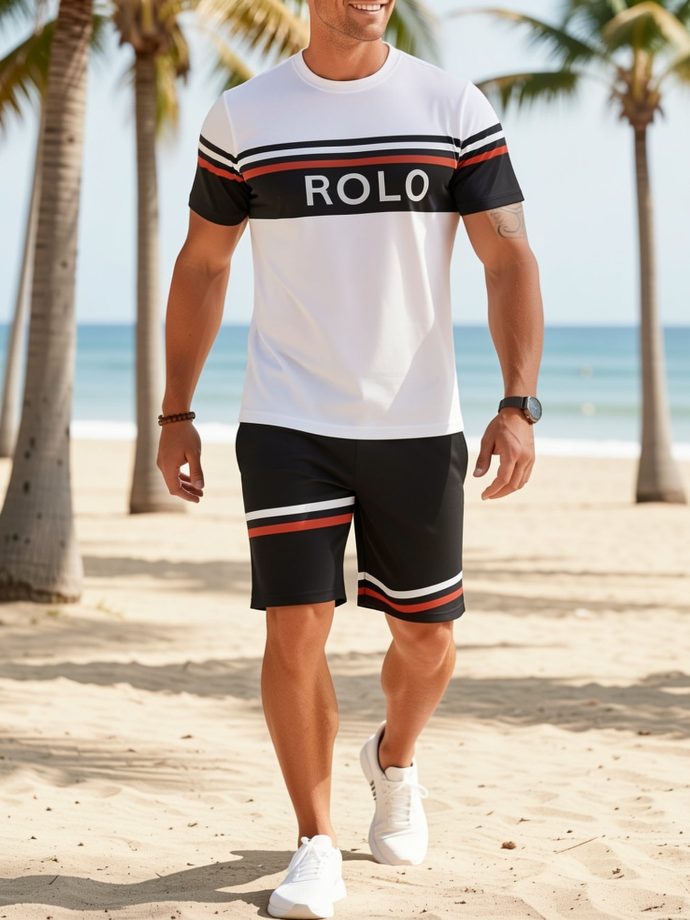 2pcs Casual Sports Suit-soft 100% Polyester Round Neck T-shirt And Shorts-breathable, Slightly Stretched And Patterned for Spring/summer Beach Outings