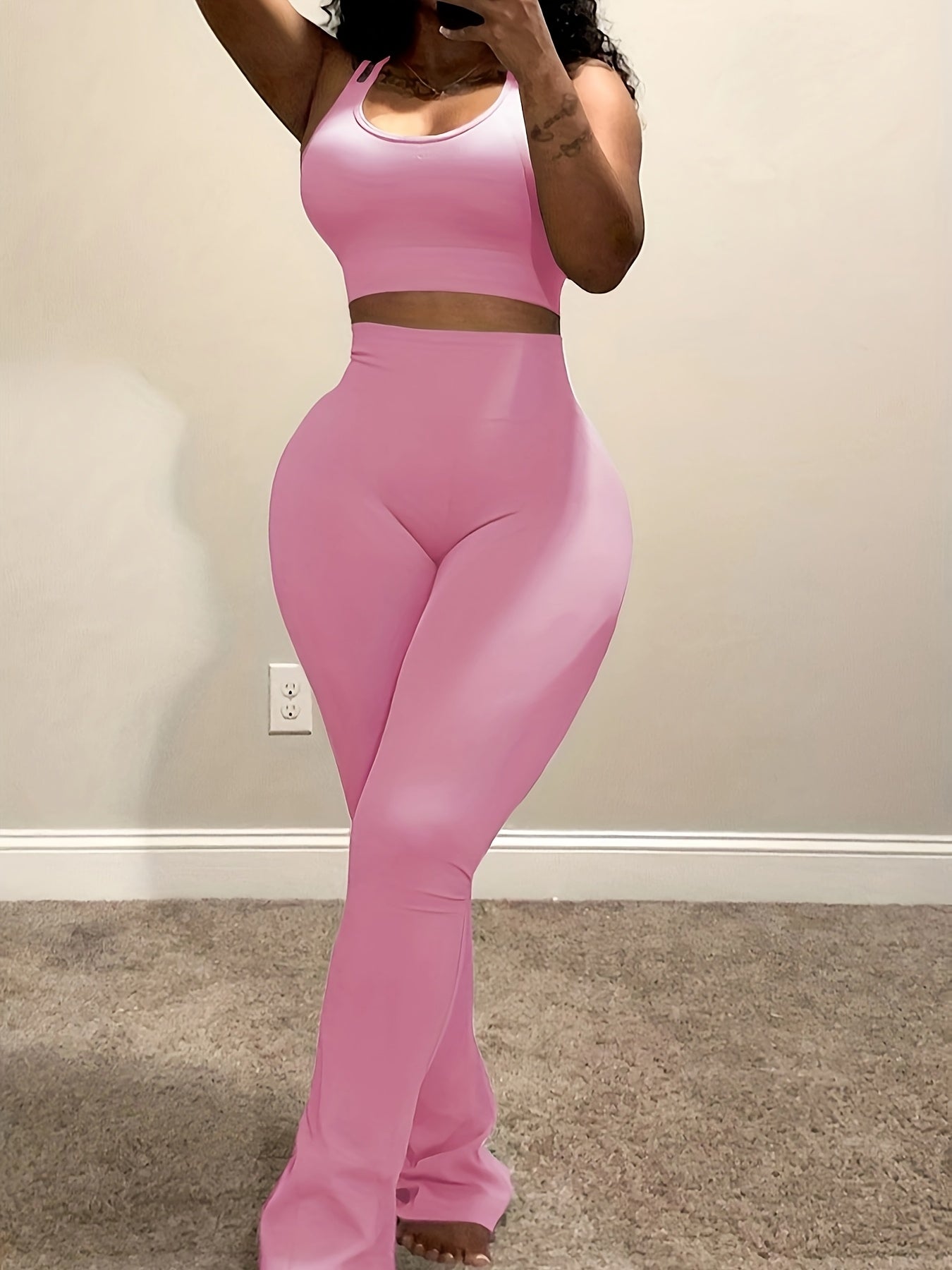 Casual 2pcs Outfits for Women Short Tank Top Crop High Waist Flare Pants Sets