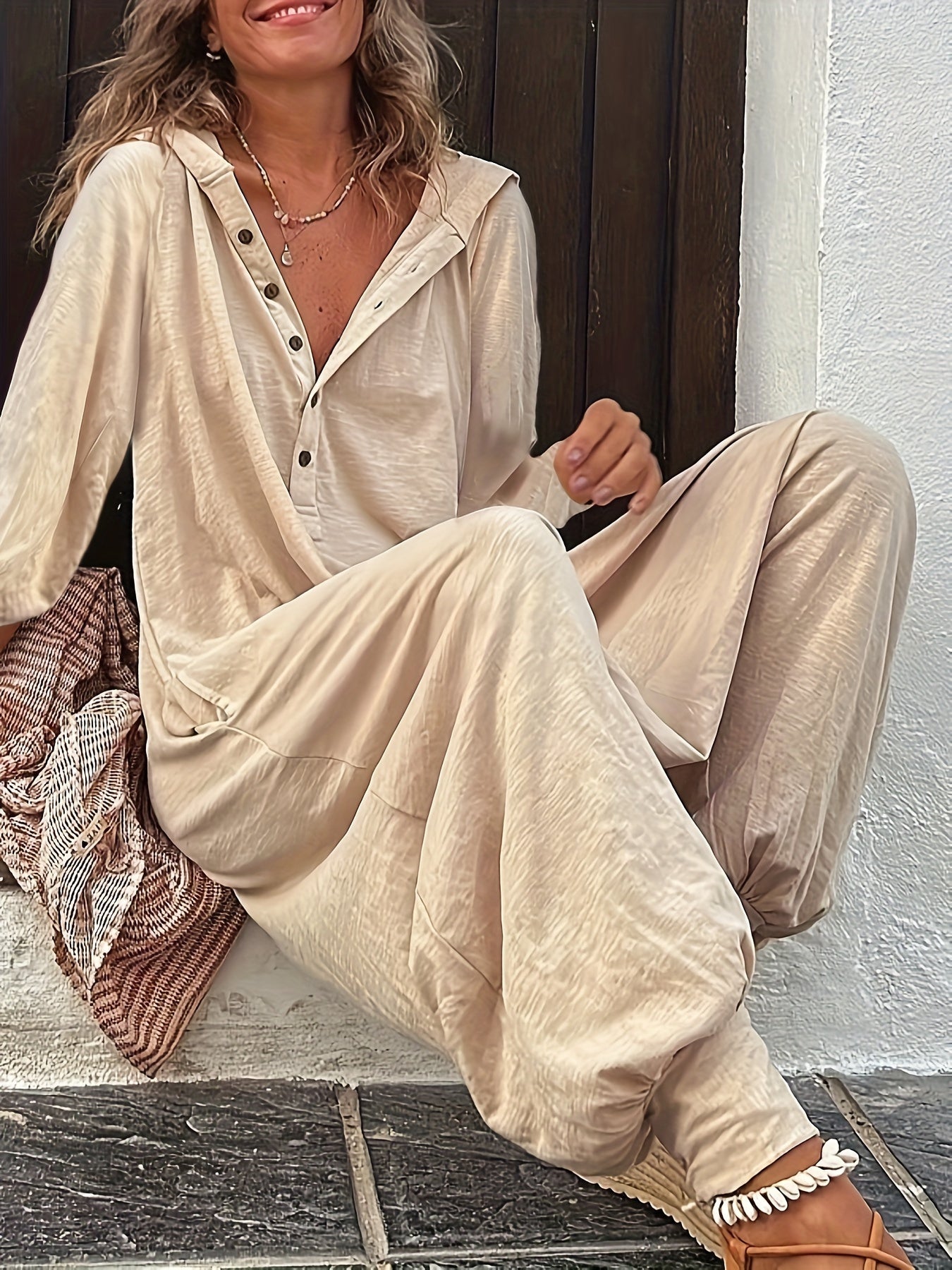 Women'S Solid Color V-Neck Button-Up Hooded Jumpsuit with Side Pockets - Loose Fit Long Sleeve Wide-Leg Casual Jumpsuit for All Seasons