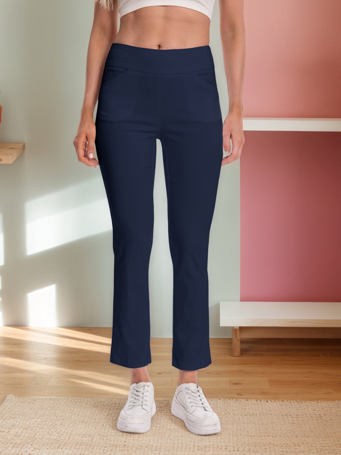 Women'S Pull-On Stretch Ankle Pants, High Waist Wide Waistband, Slim Straight Leg Fit, Side Pockets, Smooth Soft Fabric, Comfortable Work Dress Pants, Business Casual Office Career, Travel Commuter, Everyday Basics, Flattering Tailored Look