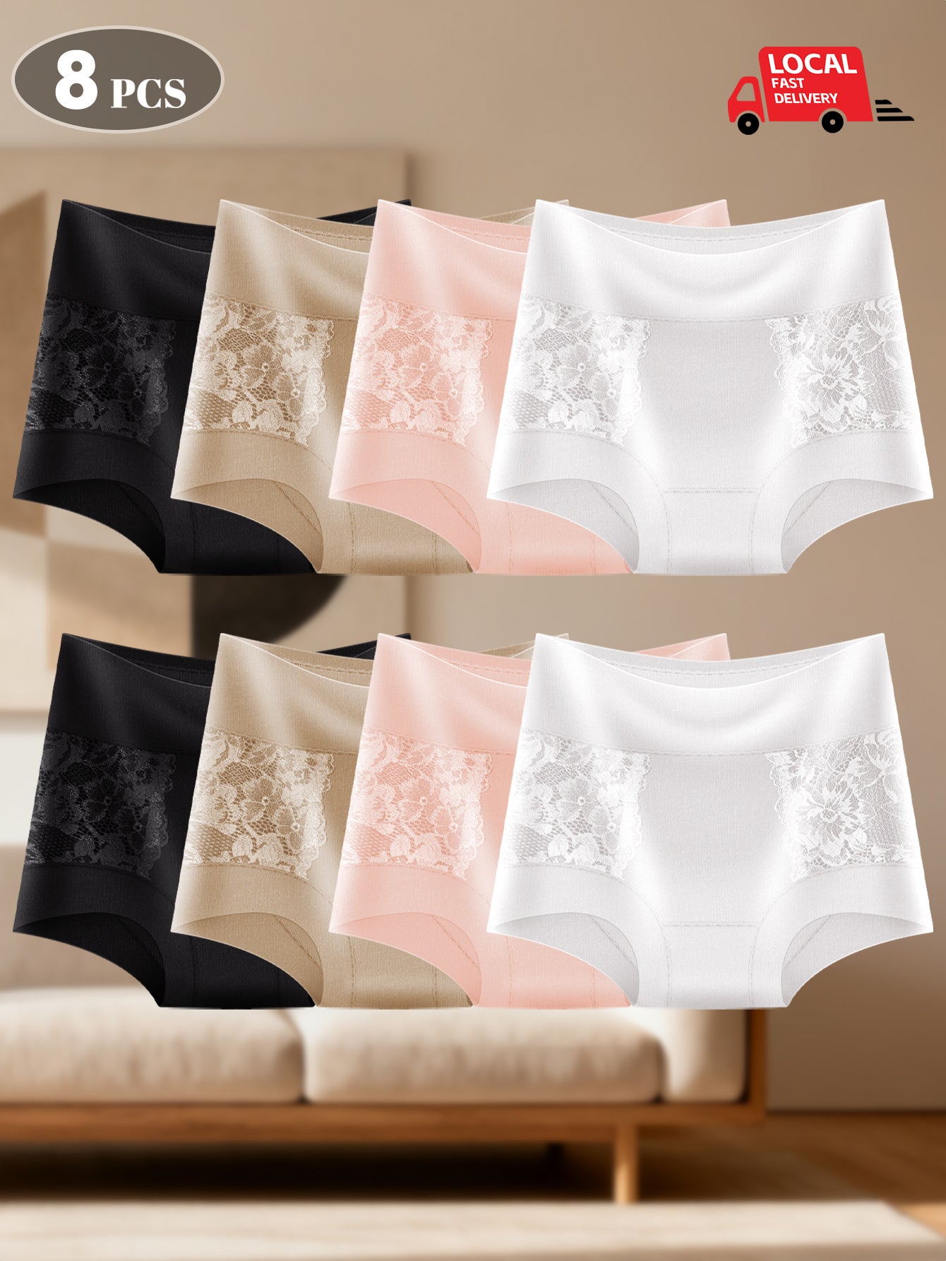 8pcs Women's High-waisted Lace Patchwork Straight-leg Pants. The Wide High-waist Design Naturally Tucks in the Abdomen. The Waist Side Is Stitched with Soft Lace, Exuding an Elegant Look. Ideal for a Date Outfit.