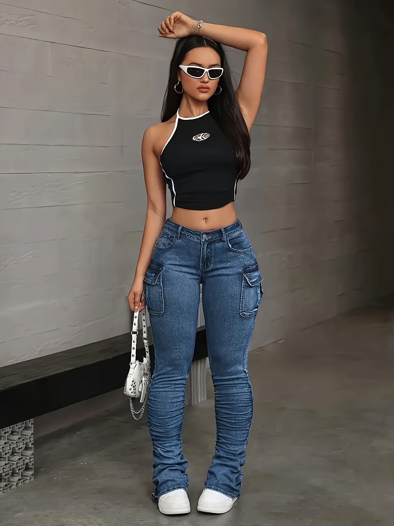 2025 New Deep Blue Tight Side Folded Elastic Pants, Slim Fit Design - High Waist Elastic Jeans, Casual And Fashionable Street Style