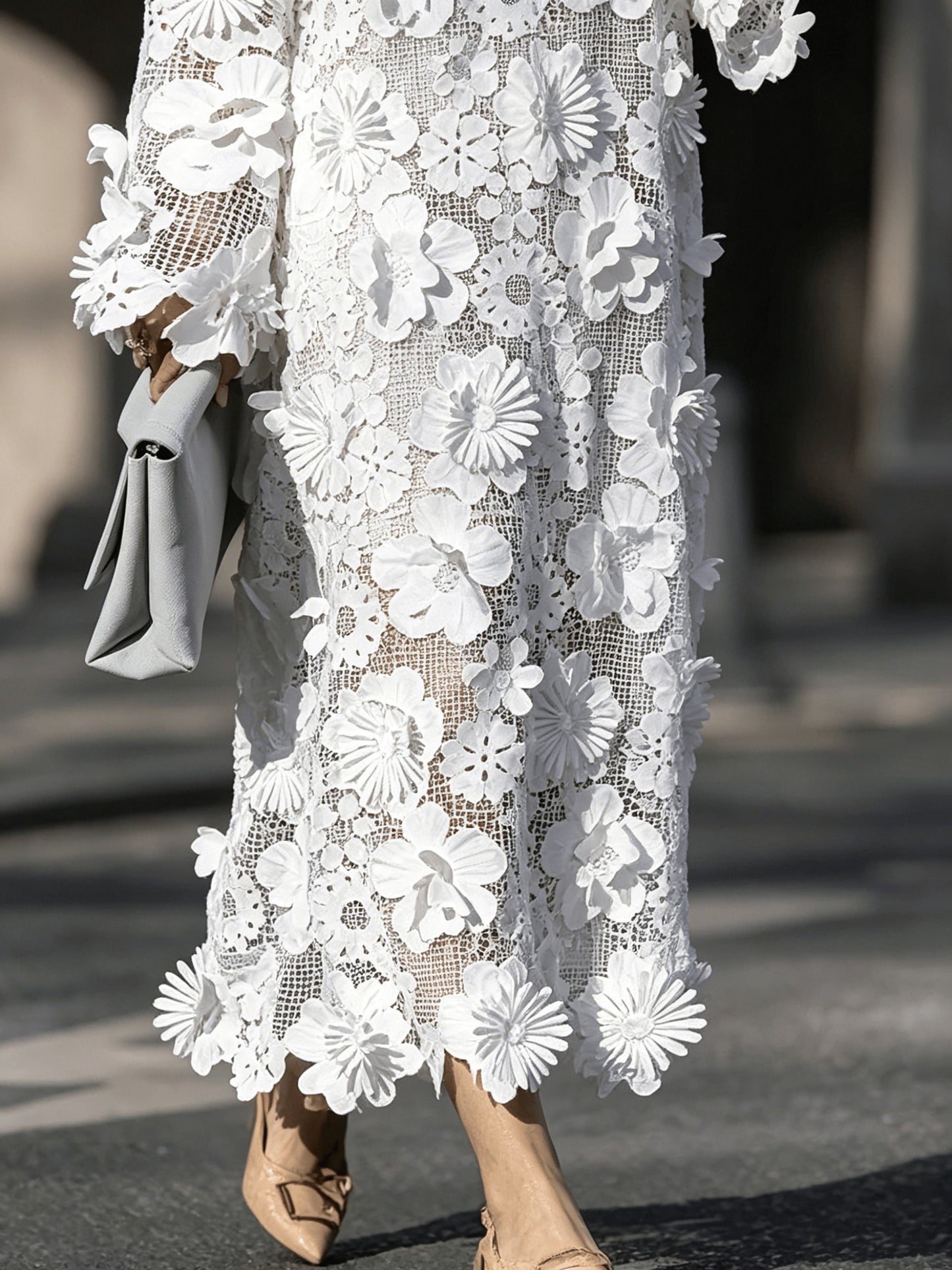 Elegant Women's Solid-Color Round-Neck Long-Sleeve Dress with Lace-Up 3D Floral Design Perfect for Parties, Weddings, Dates, Travel, And Commuting