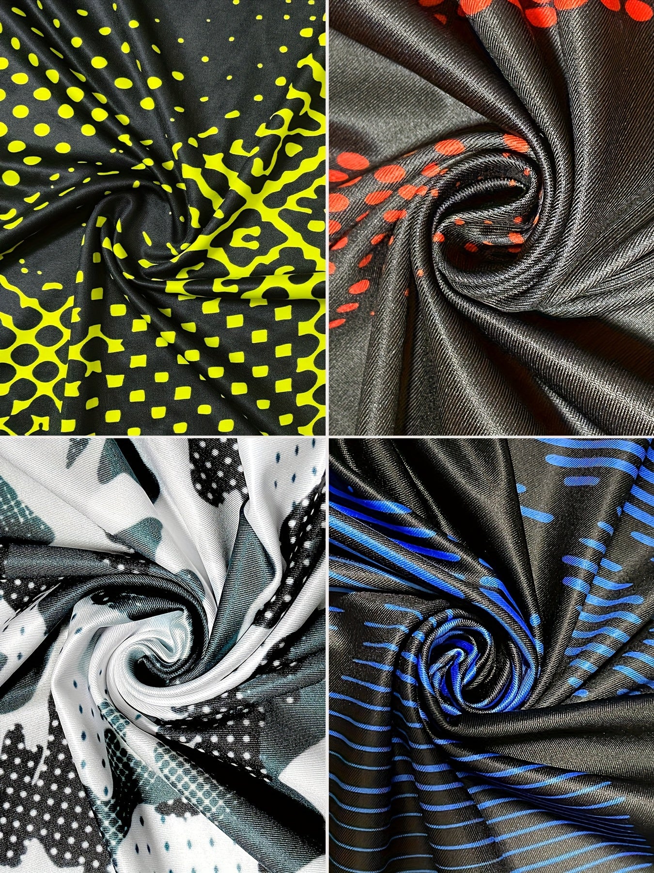4pcs Men's Quick-Dry Athletic Compression Shirts - Breathable Moisture-Wicking Long Sleeve Tops with Vibrant Tropical Print (Black/White Polka Dot, Blue/Black Gradient, Yellow/Camo, Red/Black Geometric) for Running, Basketball, Cycling, Gym & Outdoor Spor