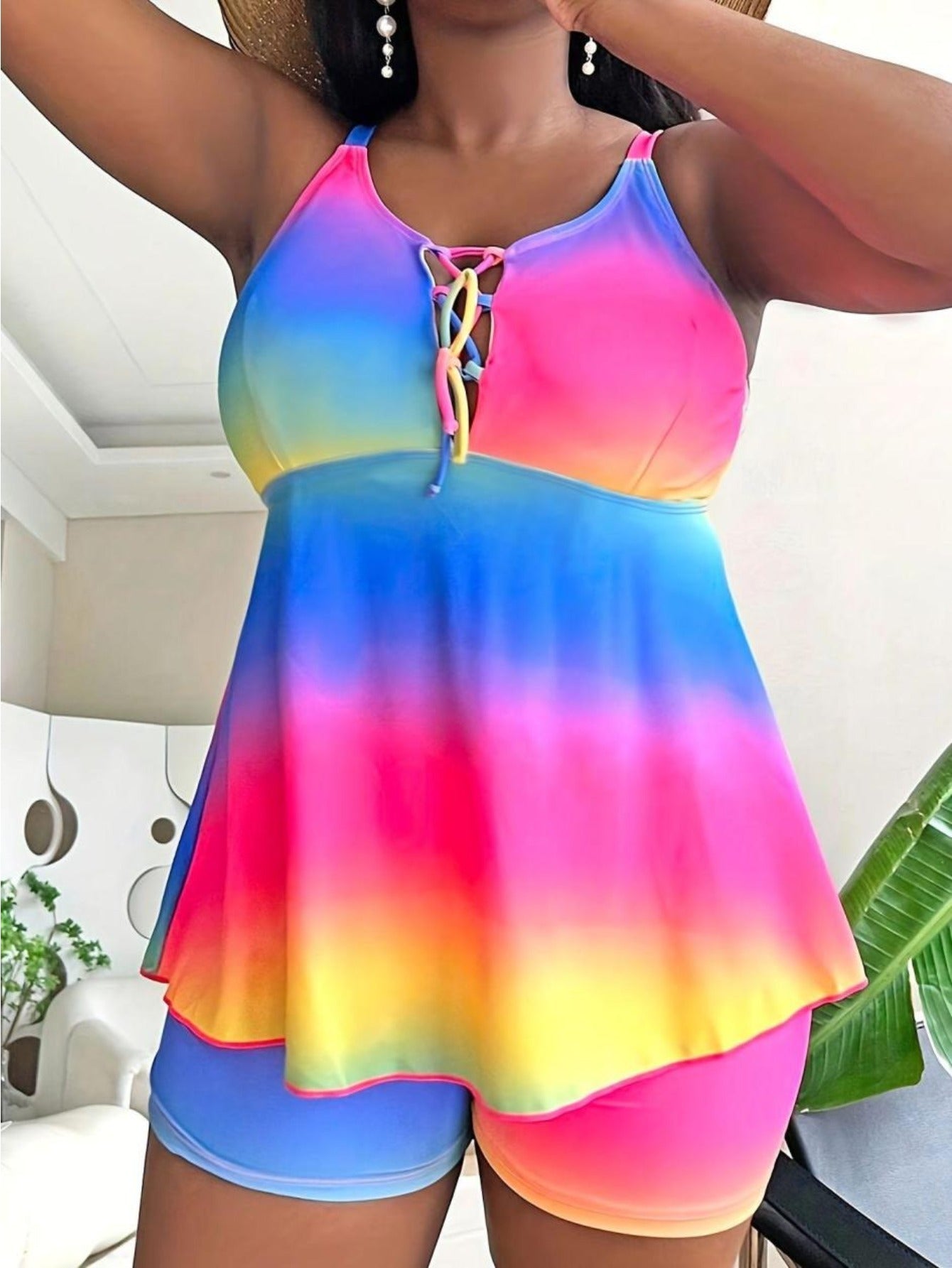 Women'S Large-Size Rainbow Gradient Two-Piece Swimsuit | High-Waist Lace-Up with Open Back, High Stretch Fabric, Trendy and Fashionable Beach Vacation Pool Style