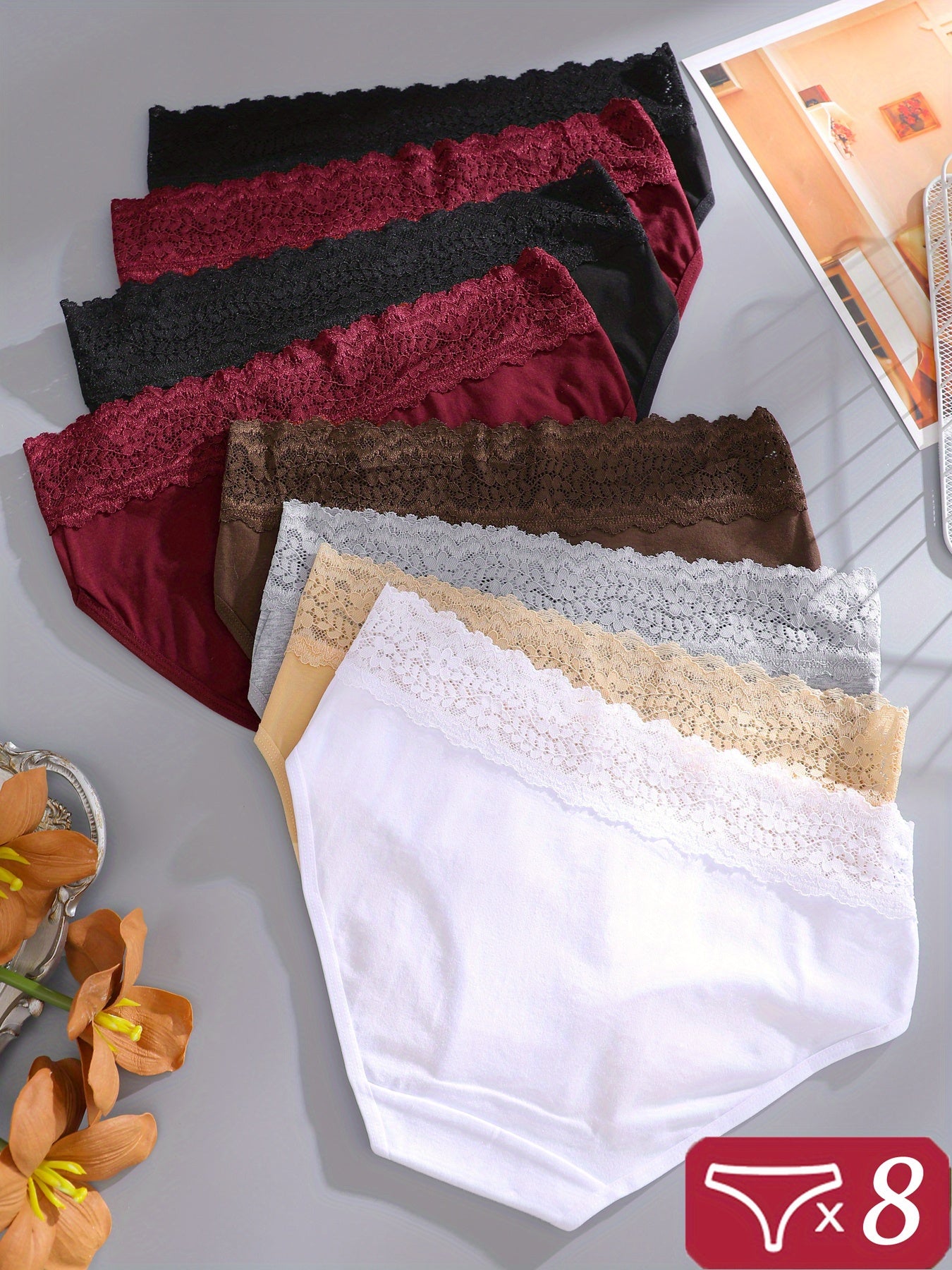 8pcs Lace Panty for Women Sexy Lace Belt Underwear Soft Briefs