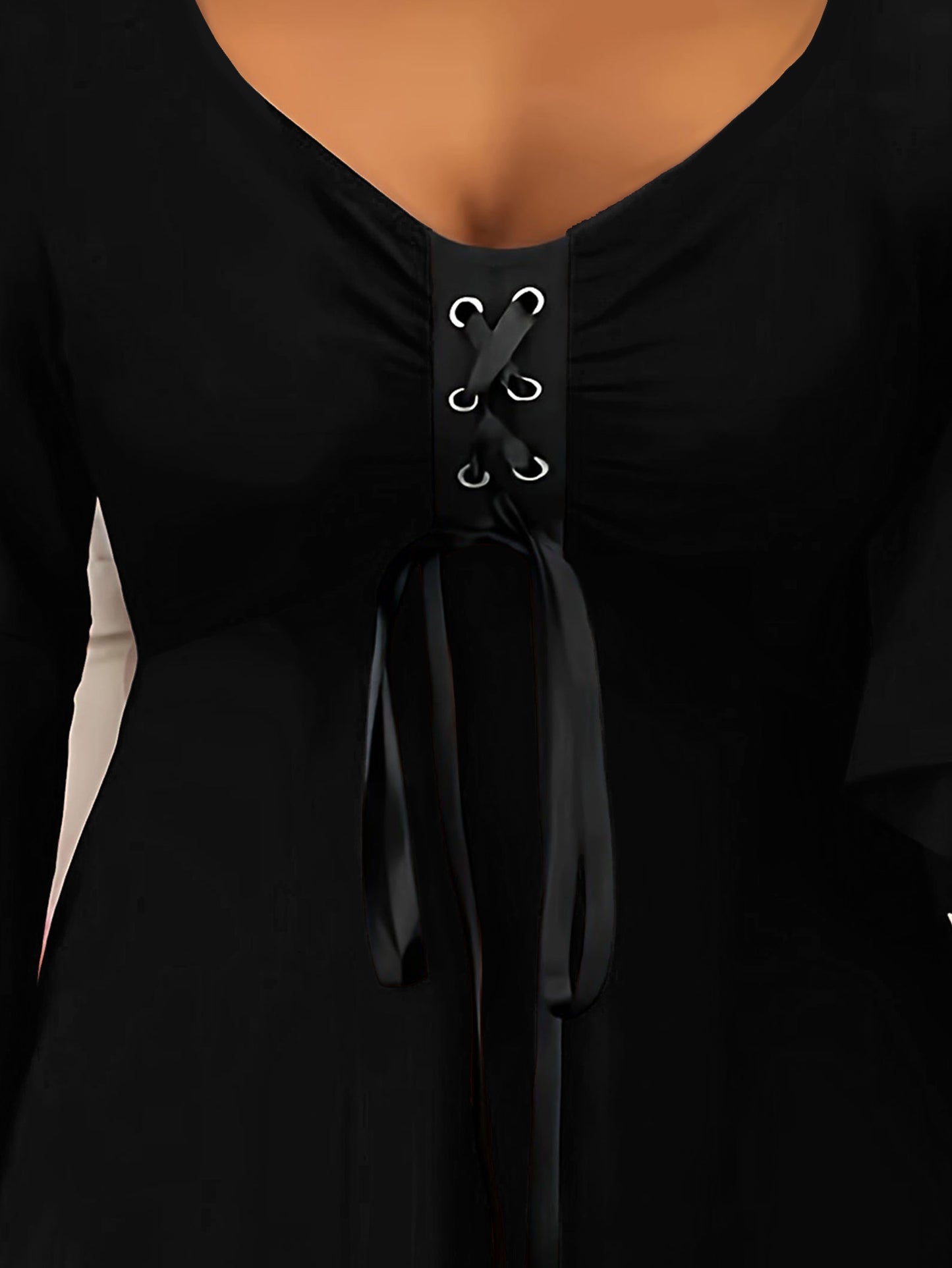 Plus Size, Fashionable Solid Color Lace-up Top, Bell Sleeves, Hem, Ruffles, Show Figure, Spring and Autumn Trend, Casual Top, Elegant Top