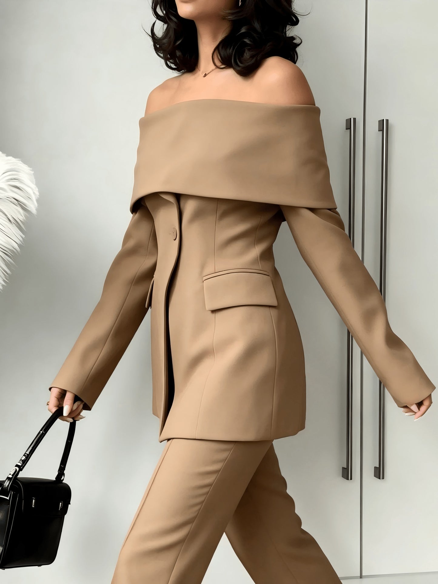 Fashionable Women'S Tops, Long-sleeved Solid-color Front-slit Spliced Sexy Off-the-shoulder Blazer, Sizes S - XXL