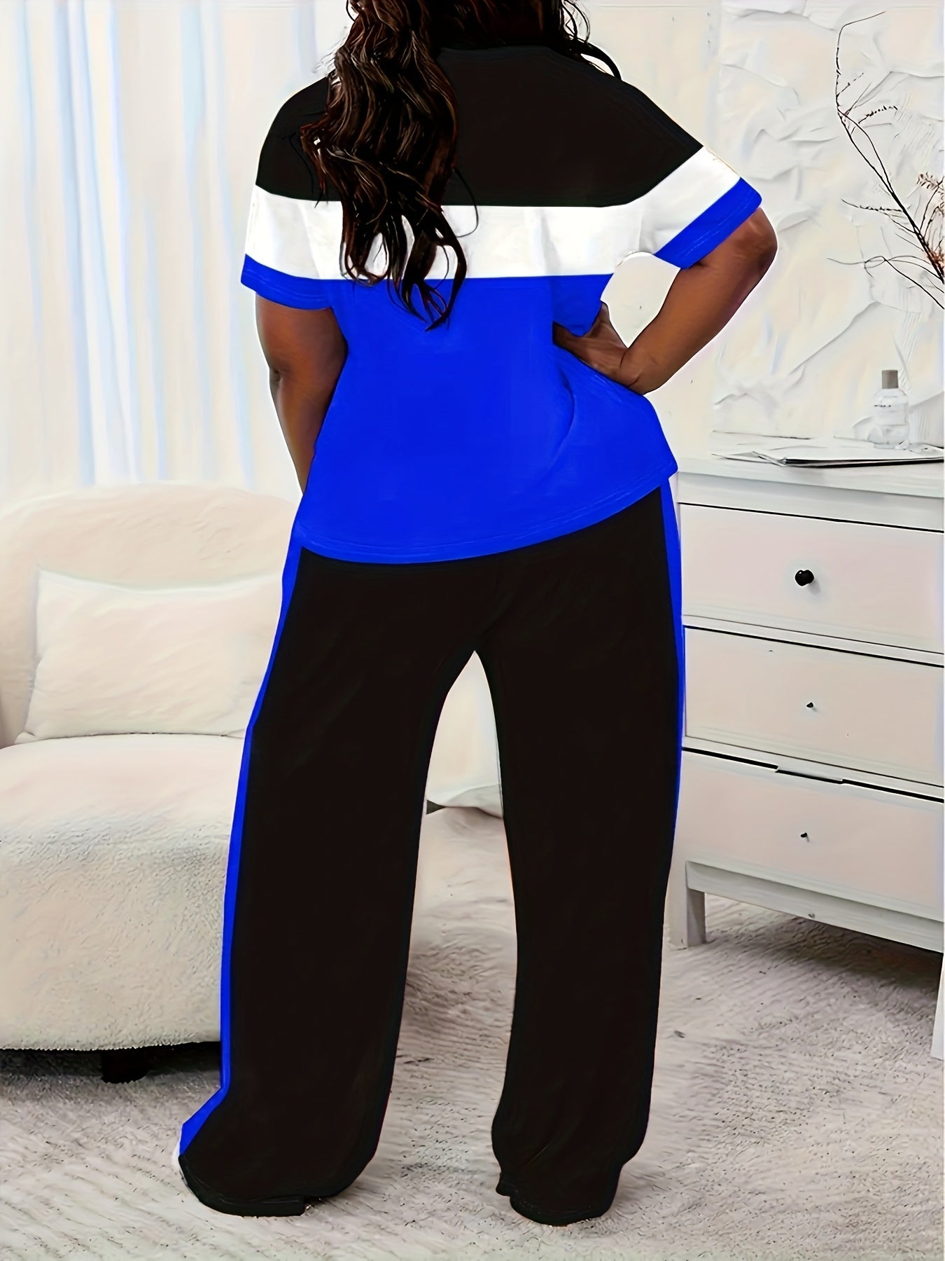 Plus Size, Ladies' Casual Short-sleeved Trousers Suit, Striped Print Letter Blessing, Loose Trousers with Pockets