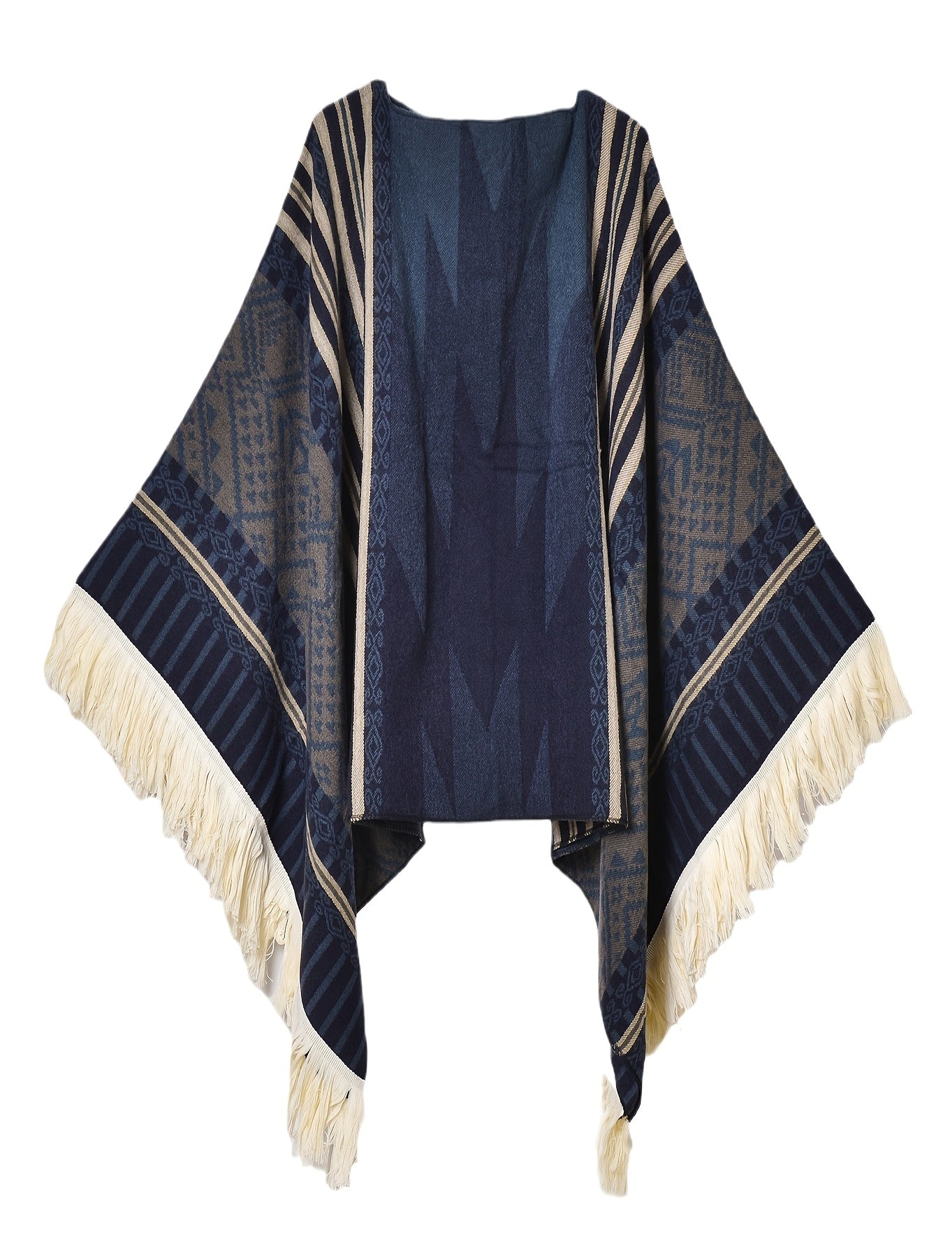 Men's Western Bandit Cape Coat with Tribal Print, Warm V-Neck Poncho with Tassel Trim for Outdoor Adventures, Fall and Winter Casual Wear (Brown/ White)
