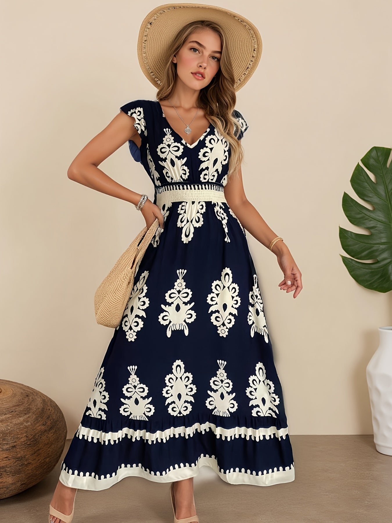 Fashionable Beach Dress for Women, Perfect for Spring And Summer Vacations, Featuring a Printed V-Neck And a Flowing Design