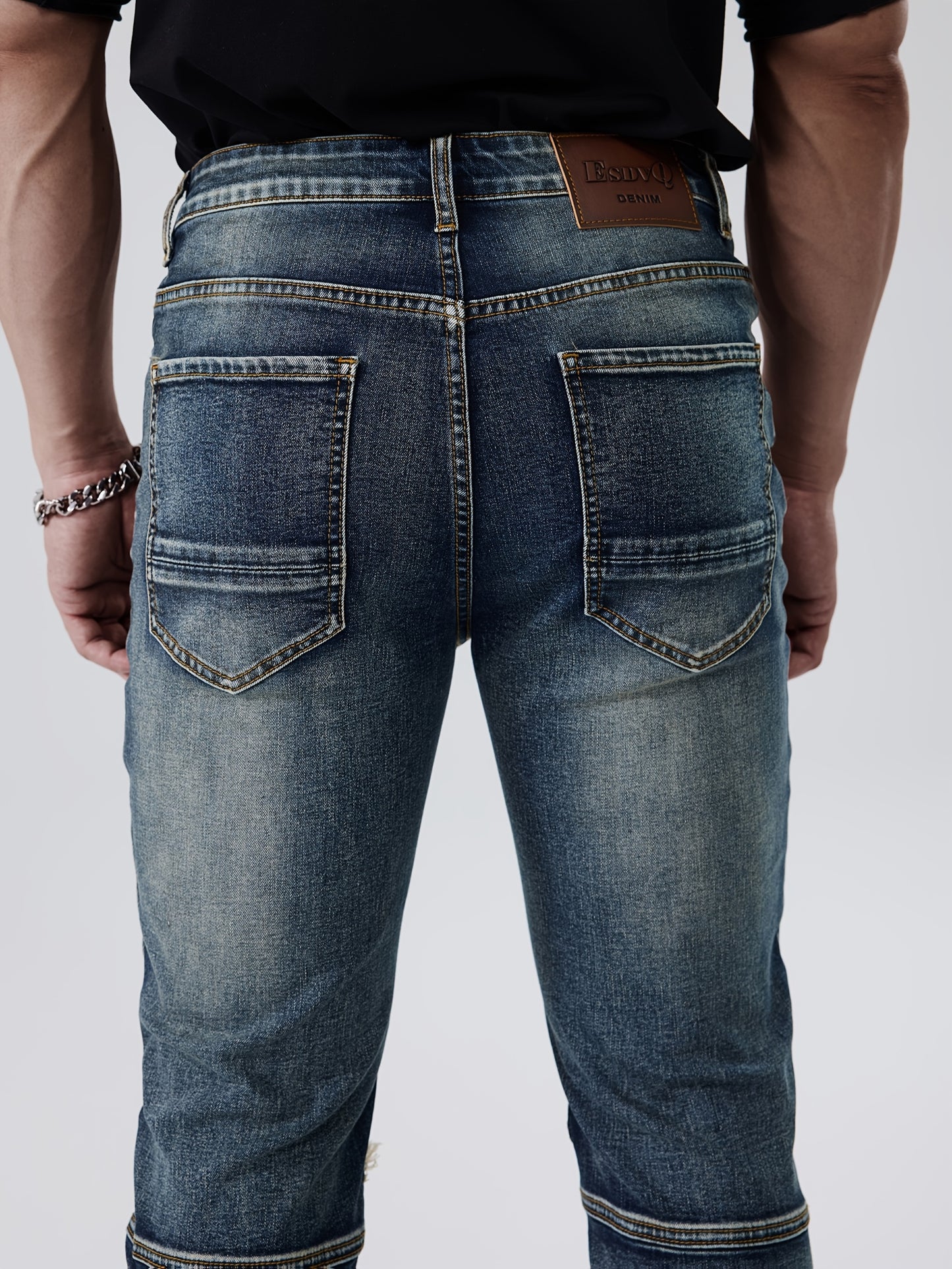 ESDVQ Men's Fashion Patchwork Vintage Washed Jeans - Slim Fit, Stretch Denim with Pockets, Casual Style, Machine Washable - Dark Blue with Light Blue & Black Accents