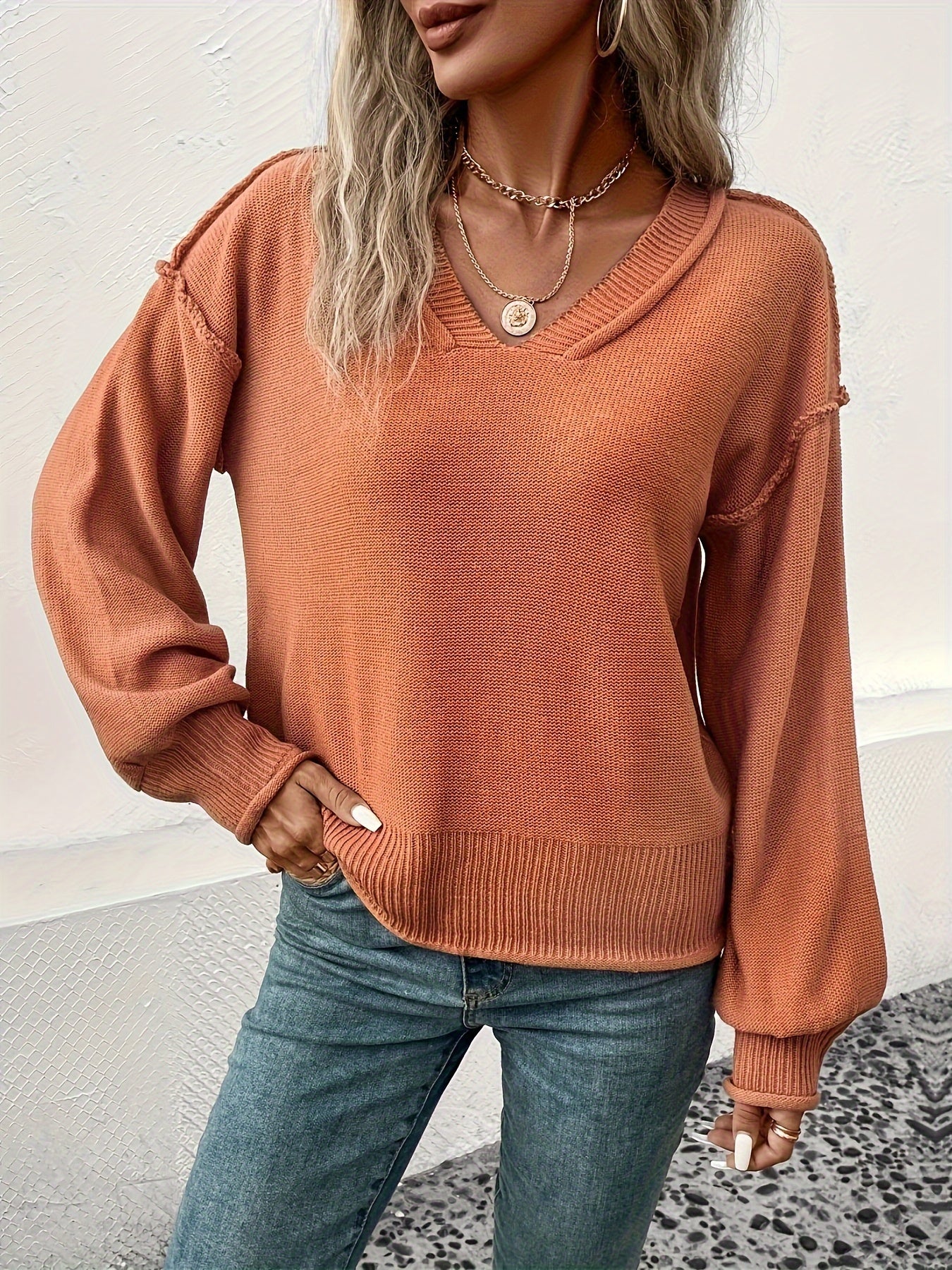 Women's Casual Long-sleeved Sweater Autumn And Winter New Loose V-neck Solid Color Warm Pullover Sweater Valentine's Day High-Quality Women's Sweaters & New Year Women's Outfits