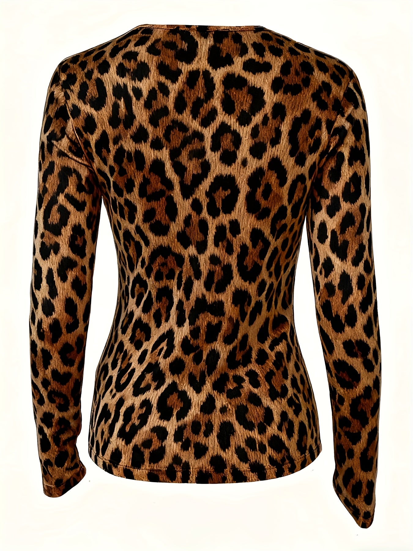 Ladies' Fashionable And Elegant Slim-fitting Leopard Print Long-sleeved T-shirt With Metal Chain Decoration And Heart Pendant, Suitable For Dating, Parties, And Casual Wear In Spring, Autumn, And Winter