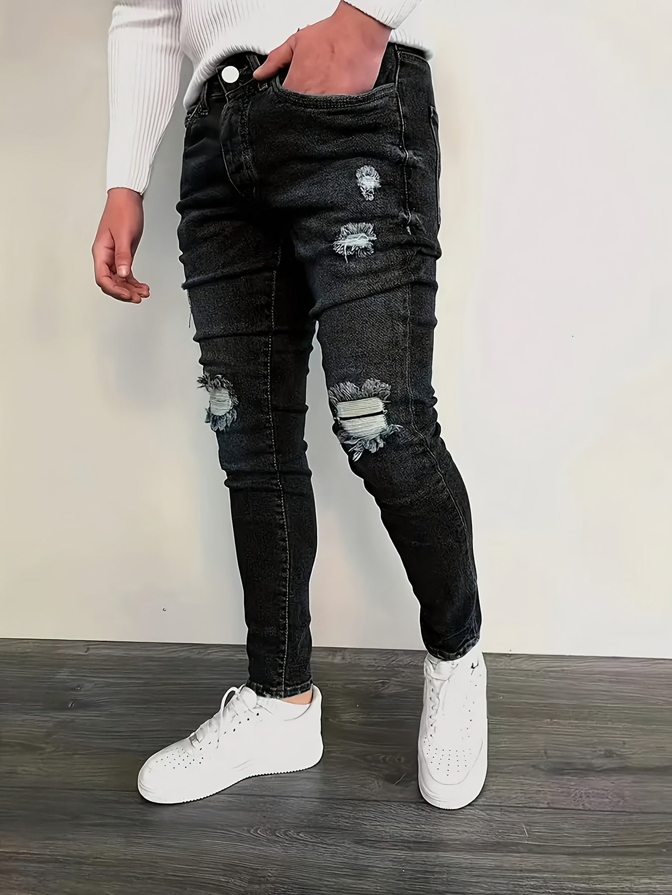 Men's Slim-Fit Distressed American Streetwear Jeans - Black High-Stretch Denim with White Frayed Hem & Ripped Knee Design, Machine Washable All-Season Casual Pants for Men, Jeans Special for Men, White Strech Jeans Regular Fit for Men, Stretch Jeans