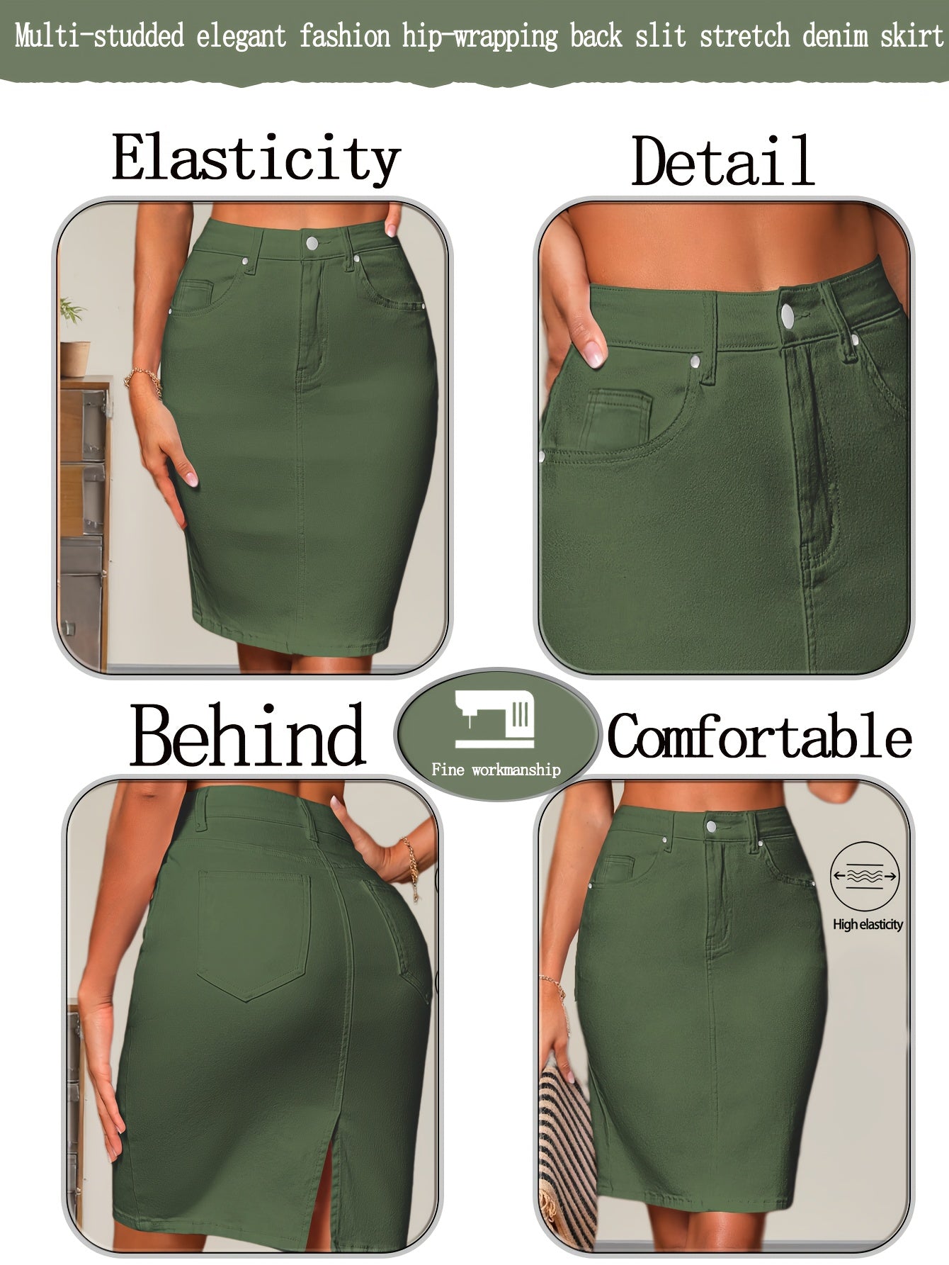 Women' High Waisted Olive Green Denim Pencil Skirt, Mid-Thigh Length Slim Fit with High Elasticity Stretchy Fabric, Featuring Button Front, Side Pockets and Back Slit Design, Casual Vintage Y2K Style for Spring and Summer Outfits