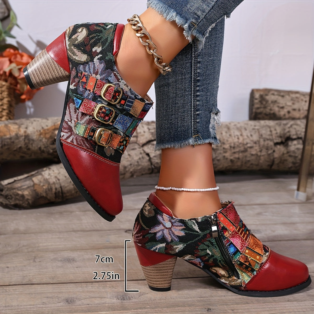 Women's Cowgirl Boots with Chunky Heel - Round-Toe Ankle Boots Suitable for Casual & Formal Outfits, Zipper Closure, Durable PU Sole & Synthetic/Fabric Upper, Versatile Western Footwear, Year-Round Wear, Women Shoes
