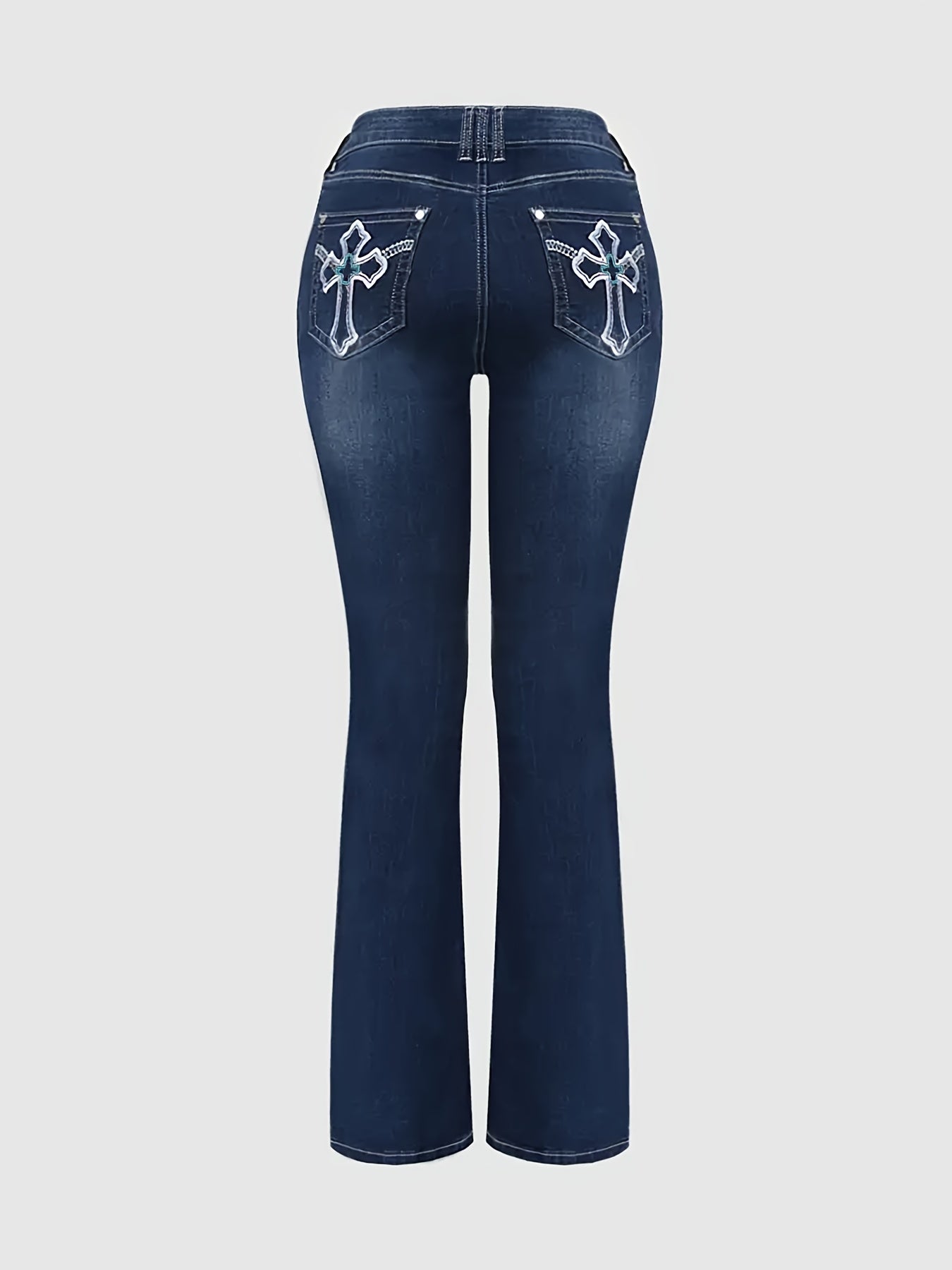 Women'S Classic Five-Pocket Design Mid-Rise Stretch Denim Jeans with Cross Embroidery - High Elasticity Regular Fit Casual Pants for Home, Travel & Shopping, All-Season Versatile Style, Travel Casual Wear, Stylish Cross Embroidery, Comfortable Fit