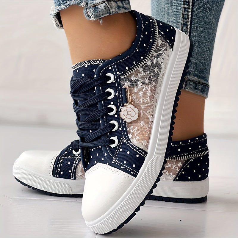 Plus Size Women's Breathable Mesh Flat Sneakers - Casual Low-Top with Floral Embroidery, Light Blue & White, Comfortable Lace-Up Shoes for All Seasons