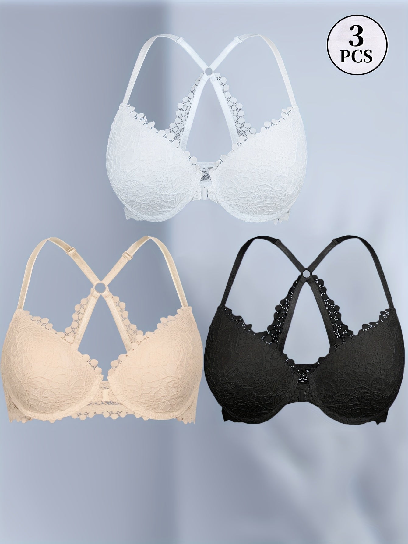 3pcs Women'S Lace Gathering Bra - Front Closure Design, Non-detachable Pads, Steel Band Support, Lace Design, Suitable For Daily And Special Occasion Lingerie, Elegant Lingerie, Lifting Bra, Women'S Lingerie, Gathering Bra.