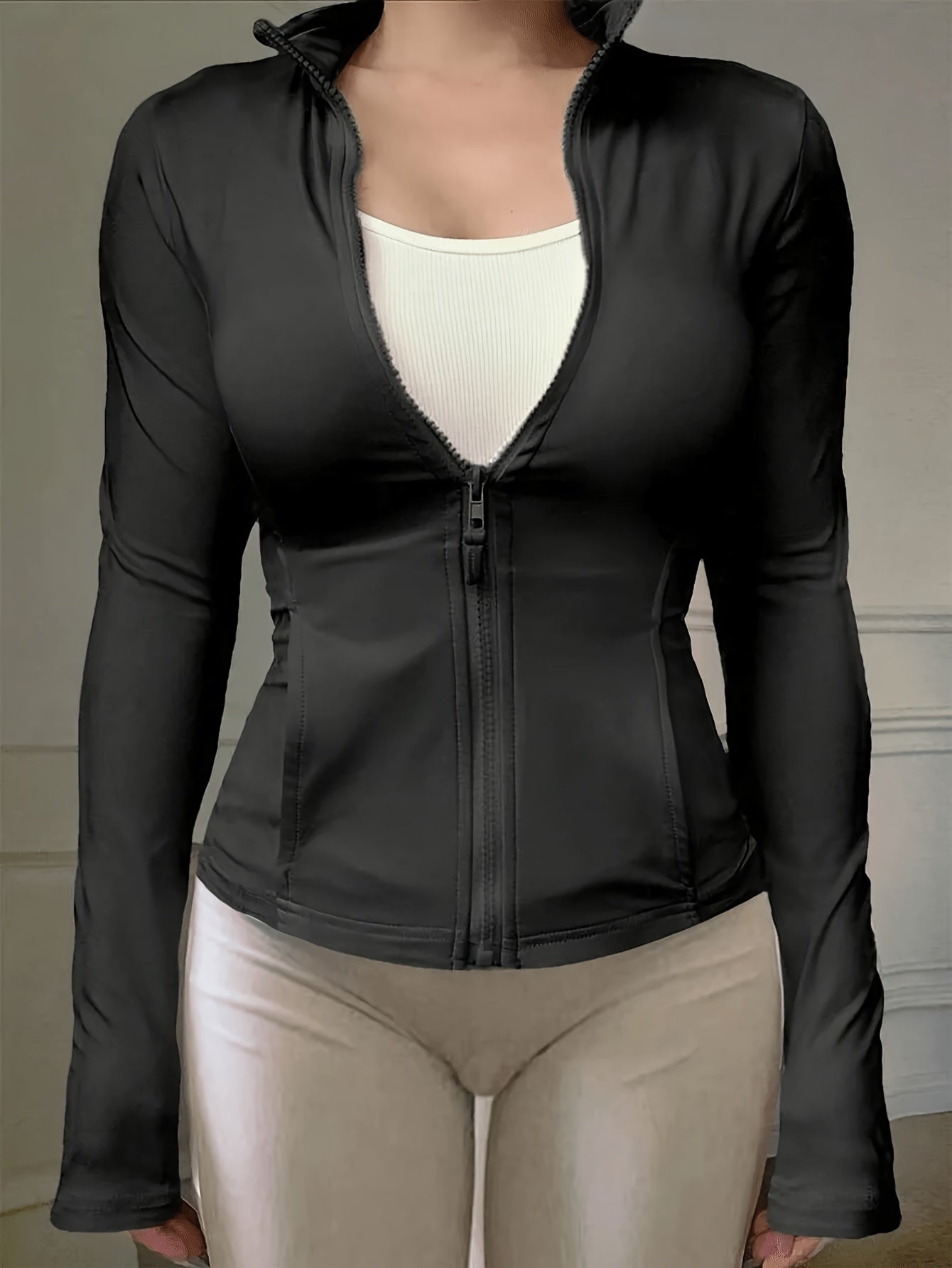 Women'S Athletic Stand Collar Zip-Up Long Sleeve Slim Jacket Waist-Cinching Fitness Casual Sport Top