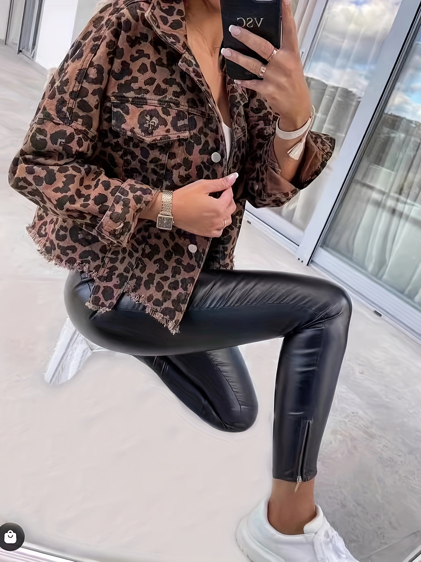2025 New Casual Jacket with Long Sleeves in Denim And Leopard Print