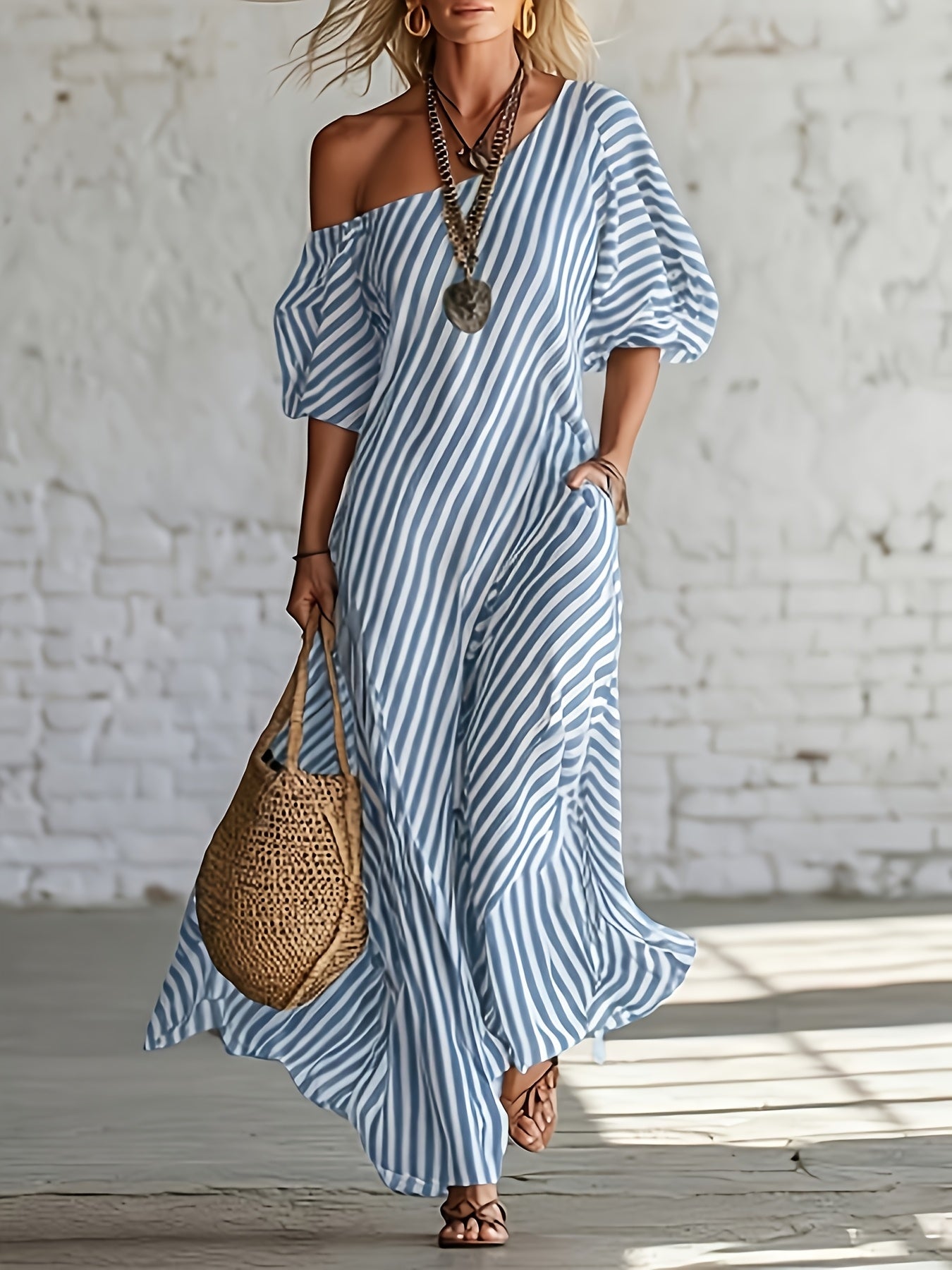 Women's Casual Striped Maxi Dress - Asymmetrical One Shoulder, Puff Sleeve, Loose Fit with Pockets, Summer Beachwear