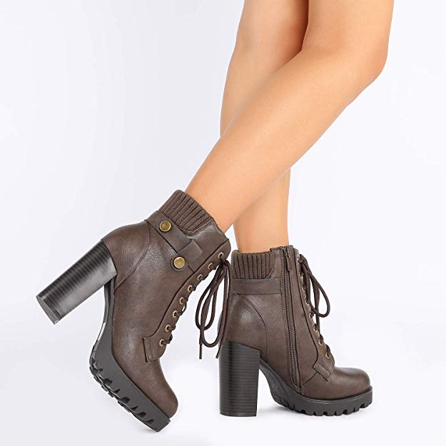 Women Short Boots Fall Winter Boots Women's Lace up Combat Ankle Boots High Chunky Heel Fashion Heeled Booties Shoes Black Boots