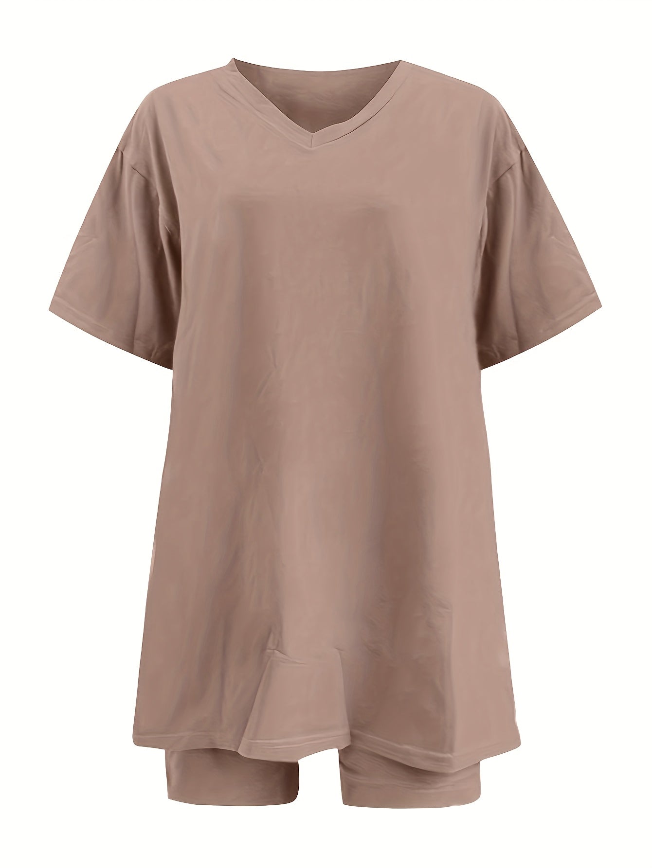 Two-Piece Outfit for Plus-Size Women Featuring a Casual V-Neck Short-Sleeve Top with Side Slits And Drawstring Leggings, Made from Comfortable, Ideal for Everyday Wear