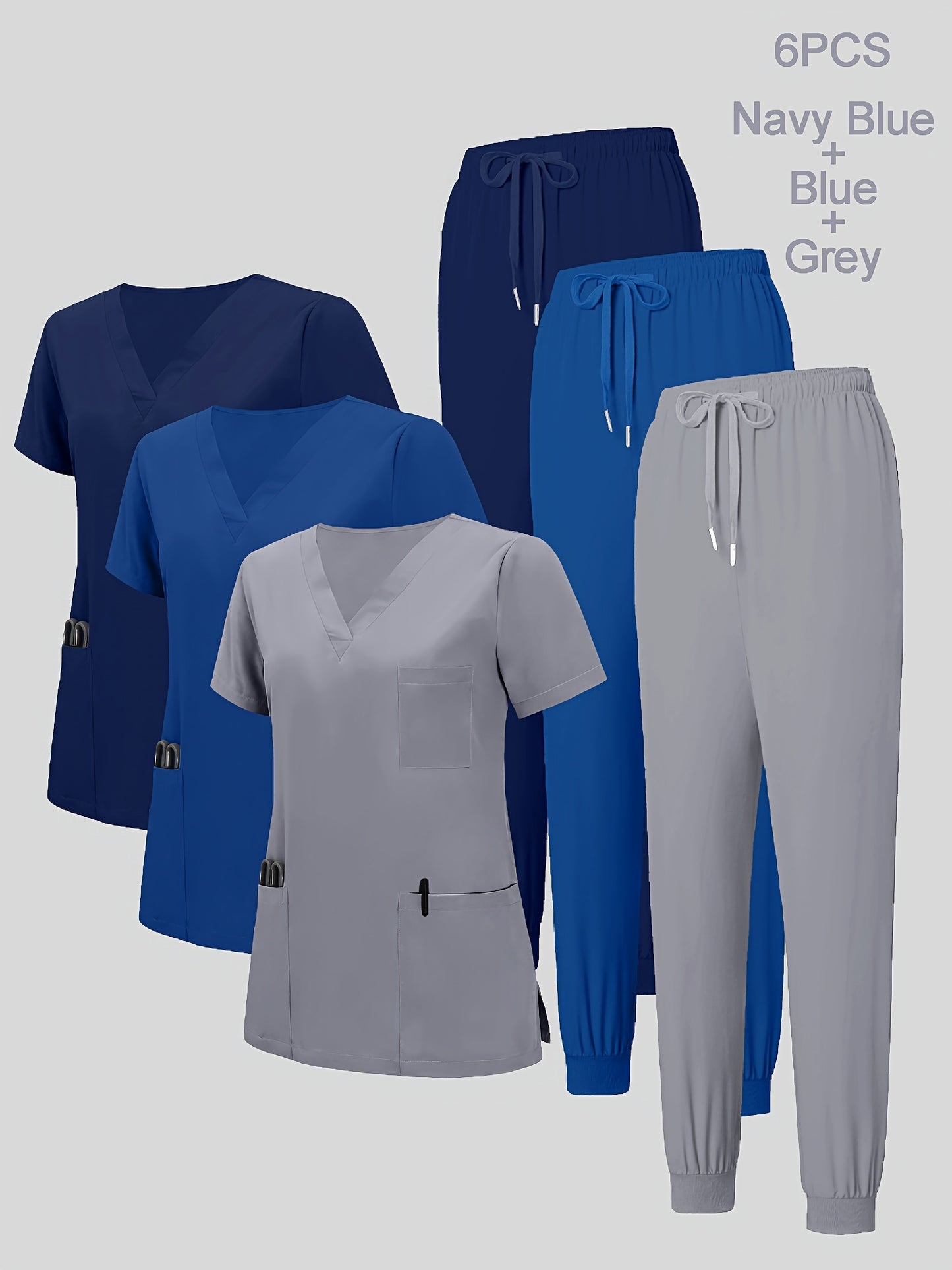 6pcs Set of Women'S V-Neck Matte Breathable Uniform Pocket Hand Washing Work Clothes Brush Hand Clothes Tying Feet Pants Set
