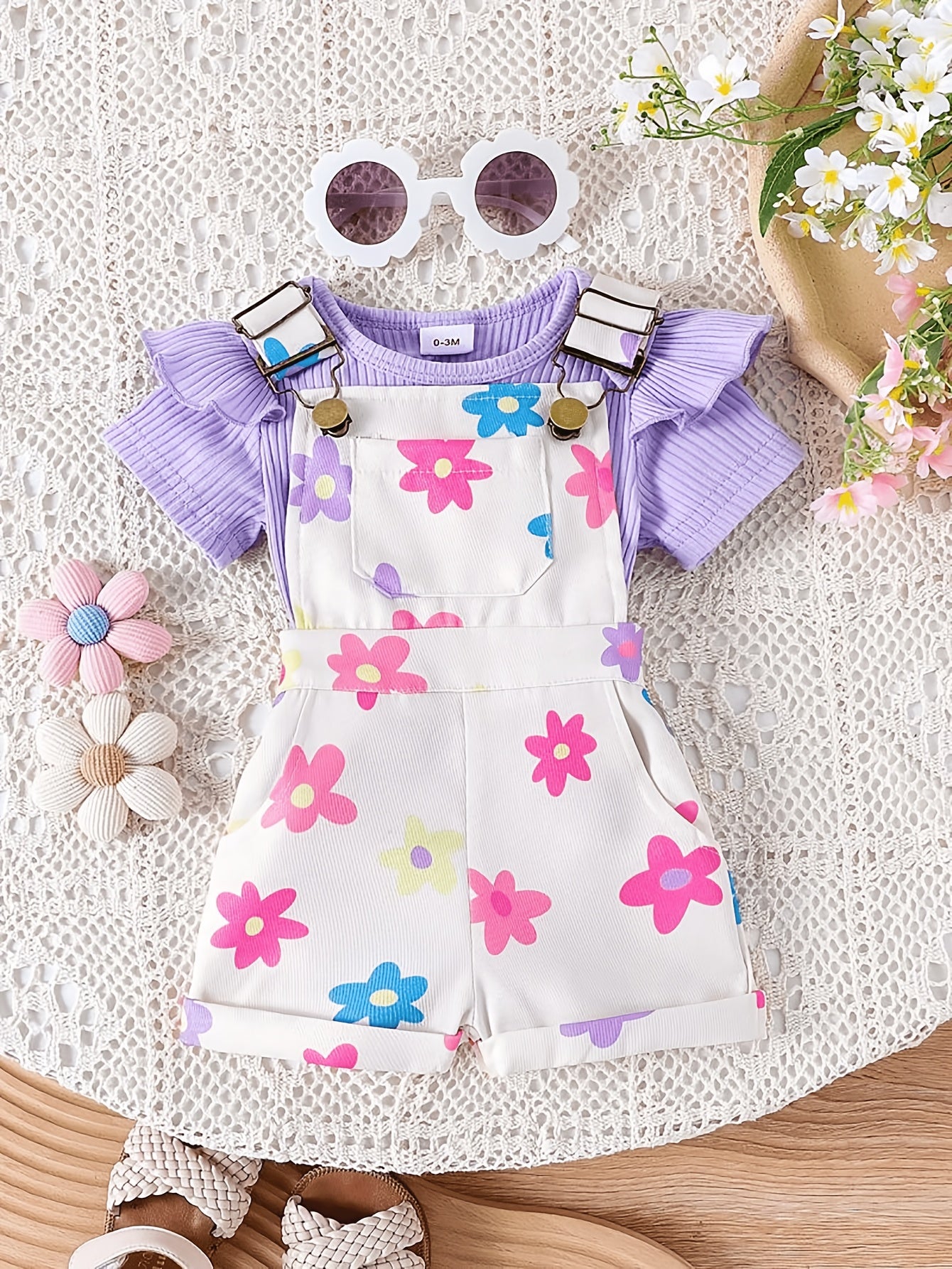 Random 1 Sets Baby Girl Clothes Ribbed Short Sleeved Triangular Jumpsuit Printed Overalls Set, for Outdoor