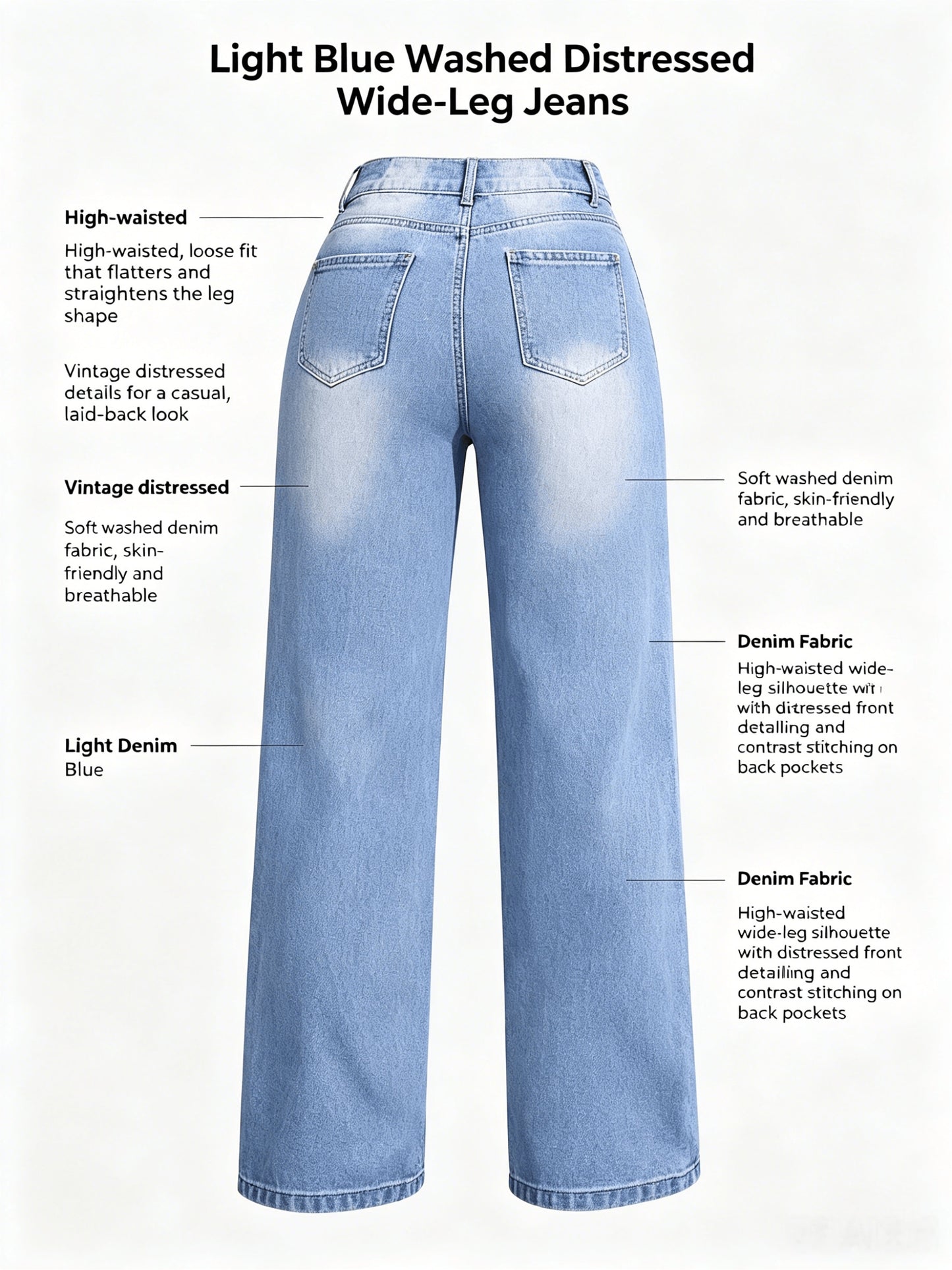 Women's High-Waisted Stretch Denim Jeans - Relaxed Wide-Leg Distressed Blue Pants with Zipper Closure, Machine Washable Elegant Casual Office Wear for All Seasons, Classic Blue Wash Rugged Style, High Waisted Jeans, Versatile Bottoms, Comfortable Fit, Wor