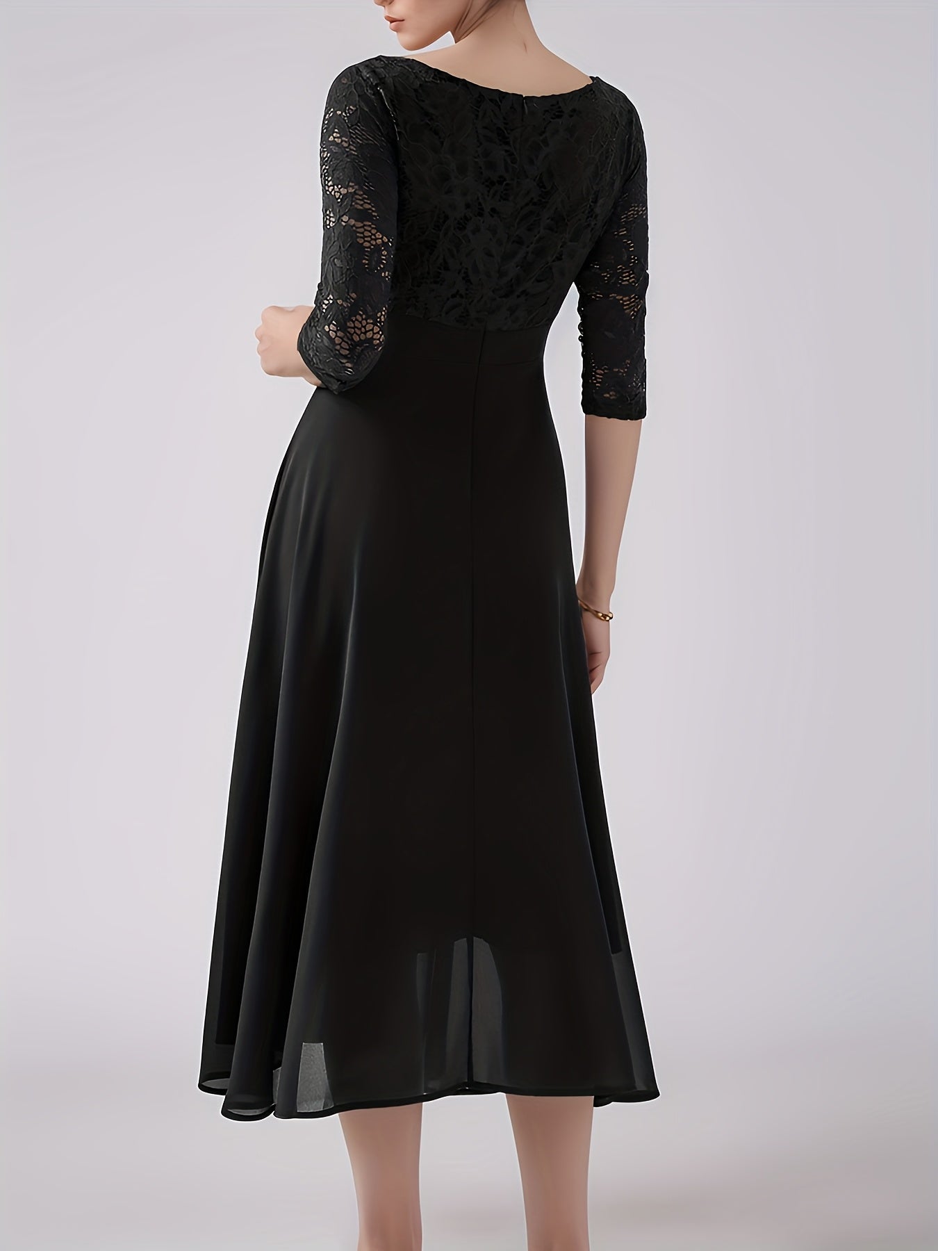 Elegant Navy Blue Lace-Trimmed Chiffon Evening Gown with Short Sleeves And Flowing Skirt, Perfect for Formal Events And Parties, Formal Evening Gown