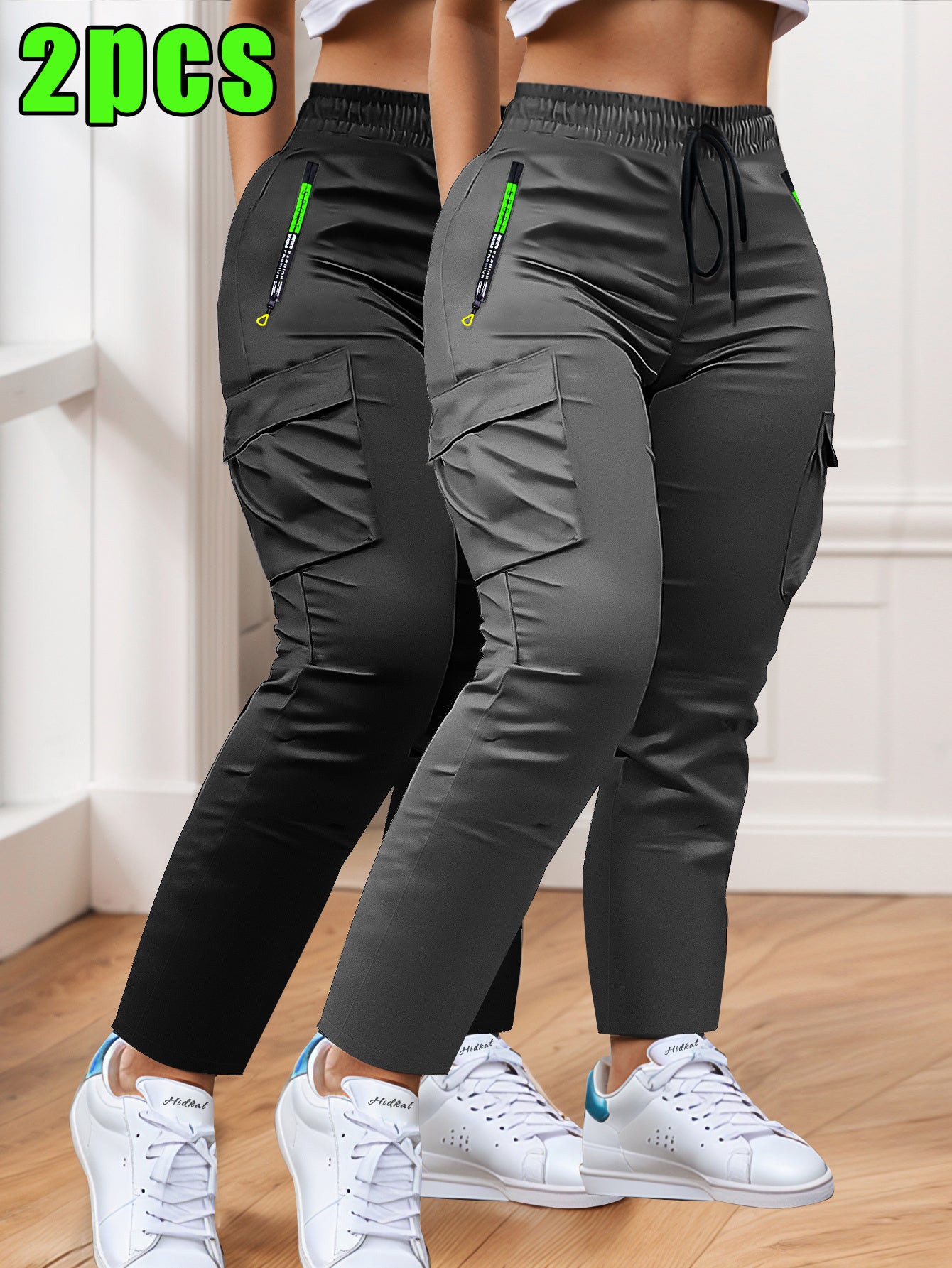 2-pack of Women'S Multi-pocket Slim Cargo Pants, Drawstring Zip Pocket Design, Straight Leg Casual Trousers, Suitable for Outdoor Sports, Everyday Wear, and Dates.