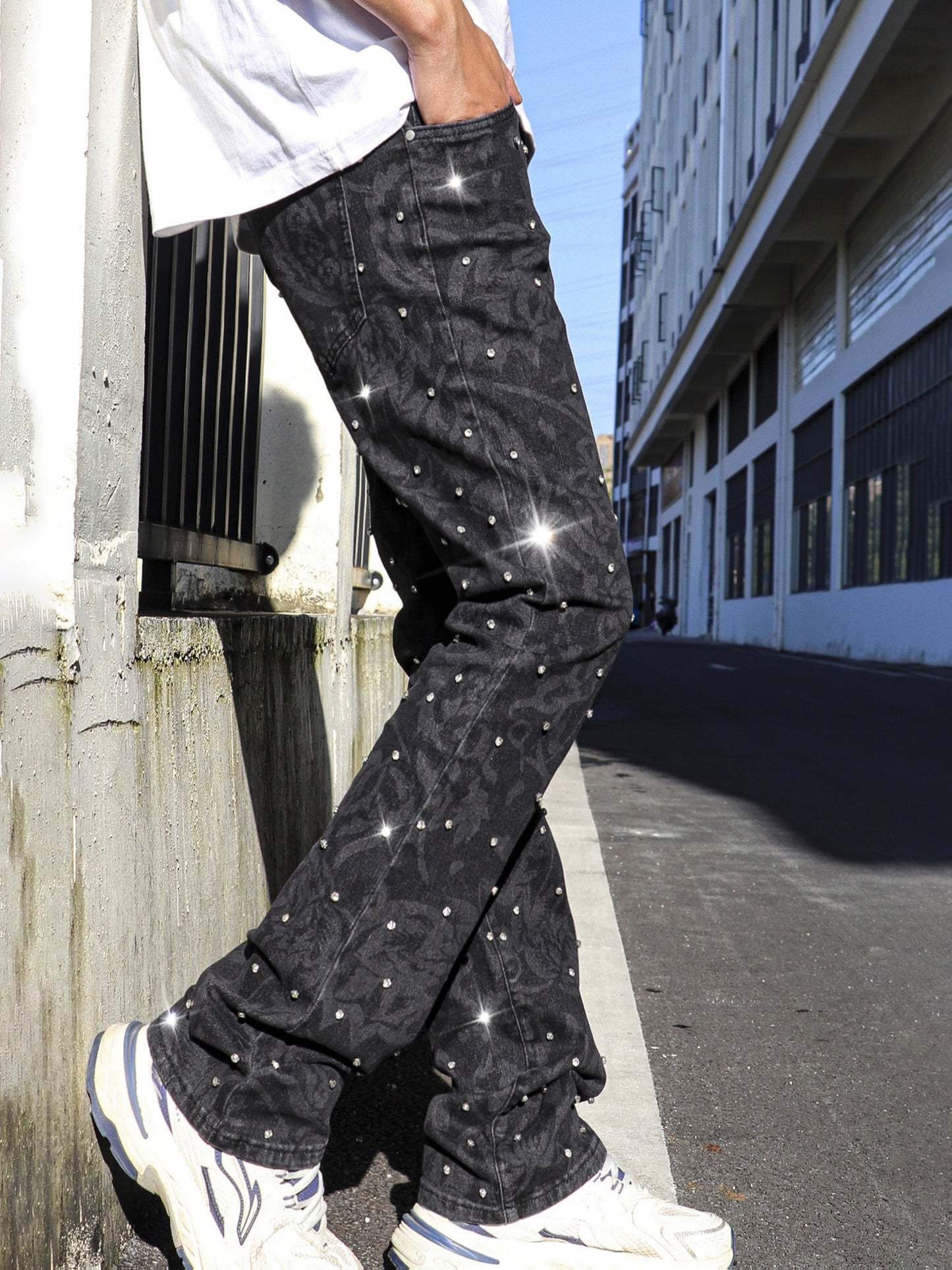 Y2K Men's Shiny Rhinestone Embellished Stretch Slim-Fit Jeans, Casual Street Style Hip-Hop Skateboarding Rap Pants, Machine Washable - All-Season Wear