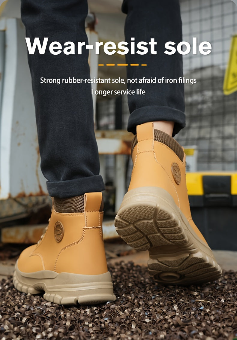 Men's Solid Color Classic High Top Plain Toe Steel Toe & Puncture Proof Safety Boots, Comfy Non Slip Durable Lace Up Work Shoes, Men's Constructional & Industrial Footwear